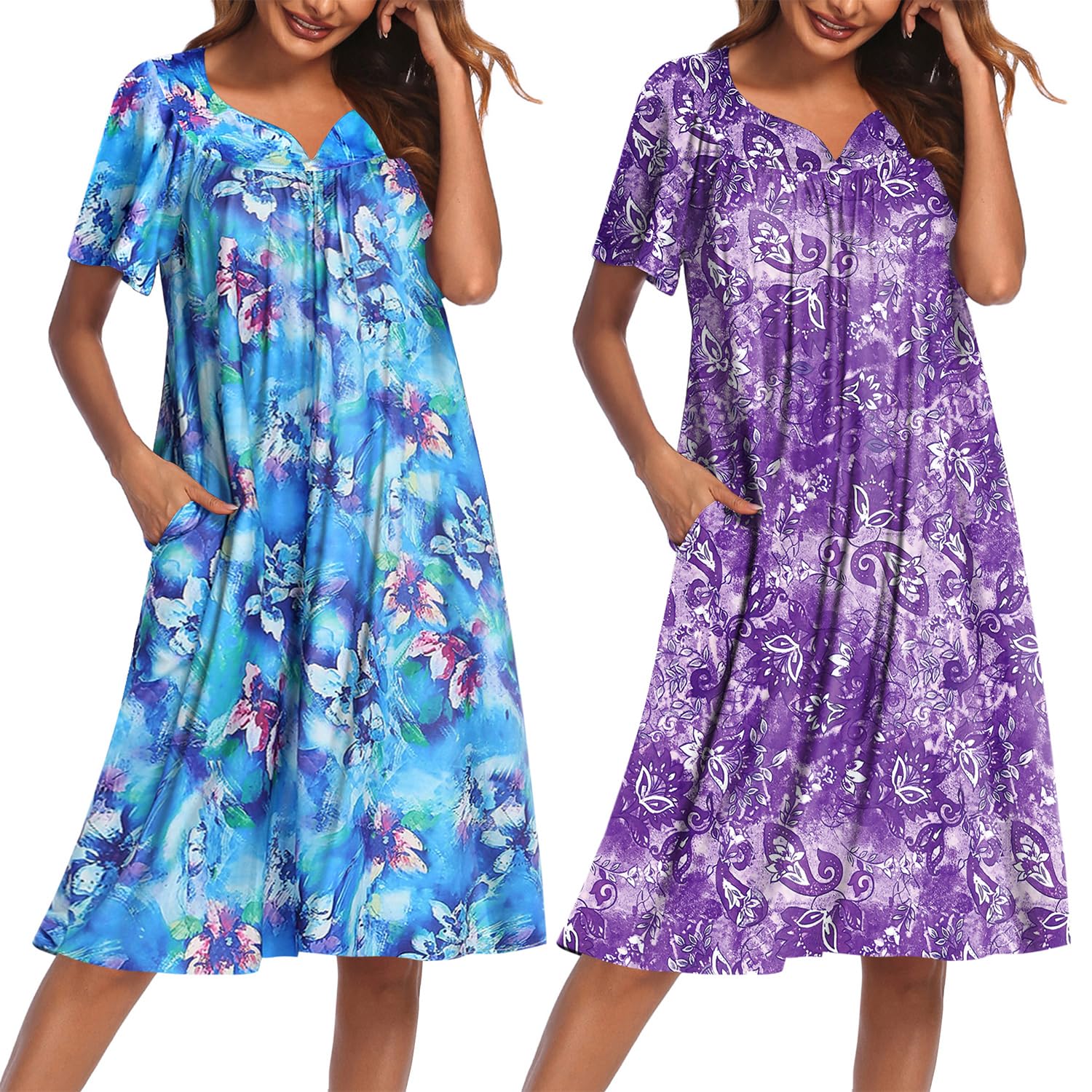 2 Pack House Dresses for Women with Pockets Short Sleeve Moo Moos Floral Print Mumu Dresses