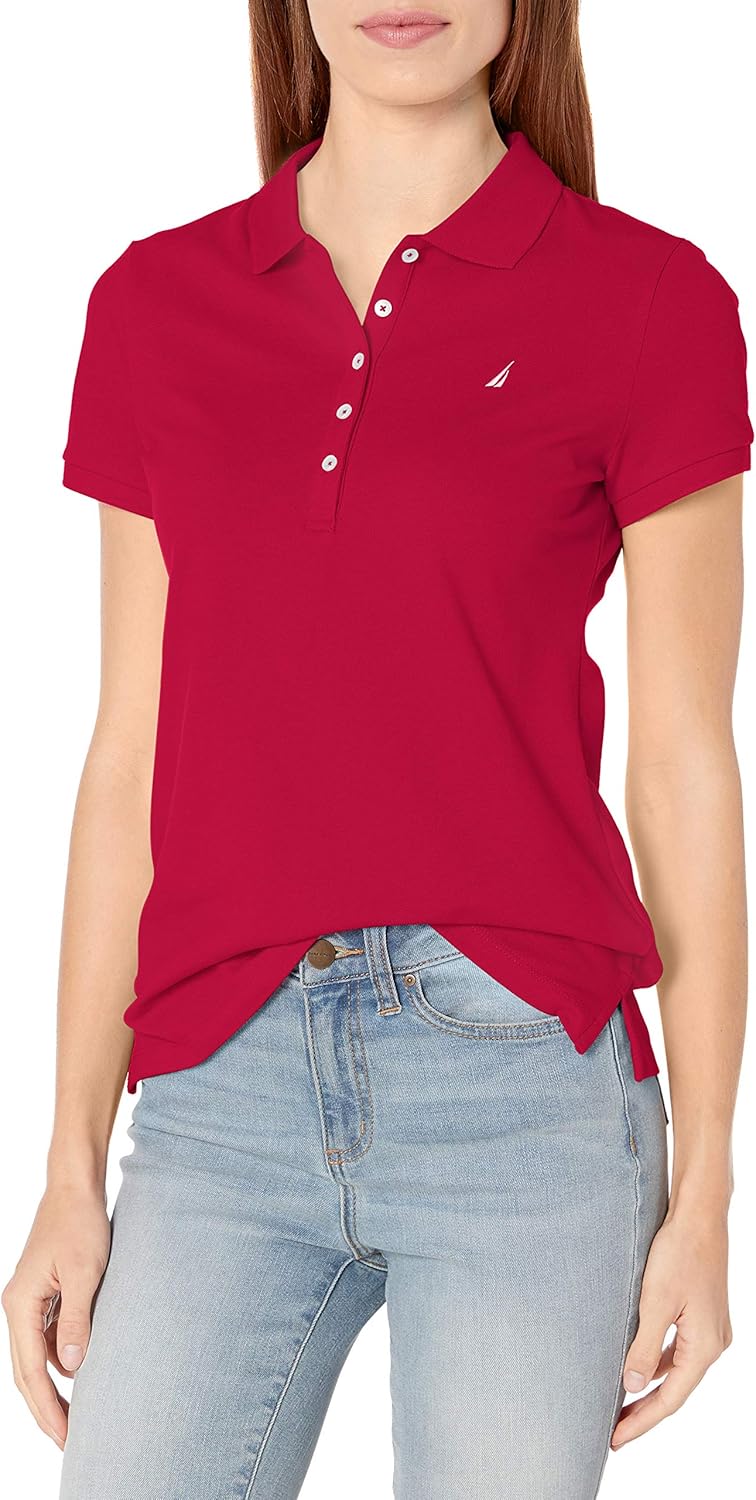 Nautica Women's 5-Button Short Sleeve Breathable 100% Cotton Polo Shirt