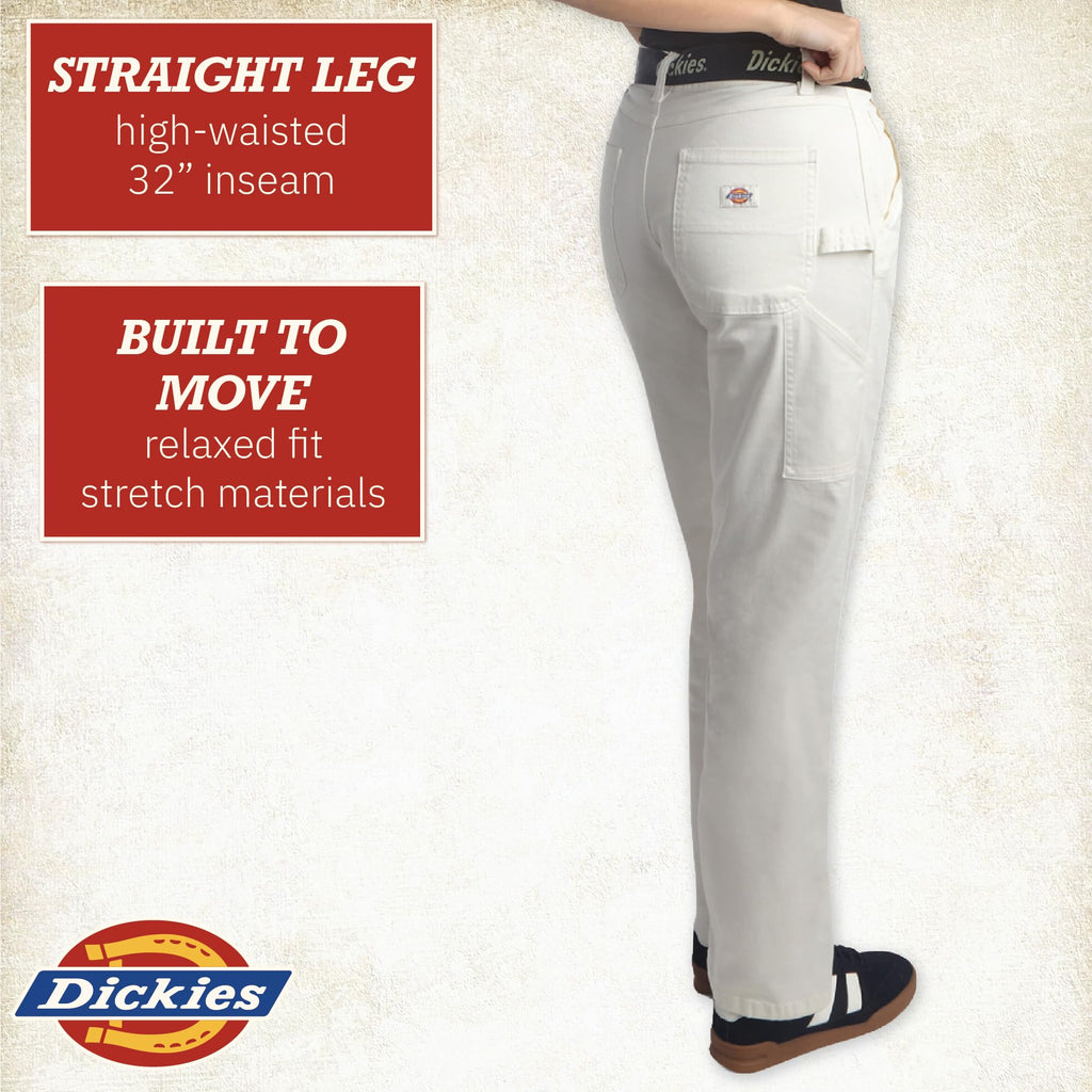 Dickies Womens Work Pants with Belt - Relaxed Fit Straight Leg High Waisted Carpenter Pants for Women with Utility Pockets