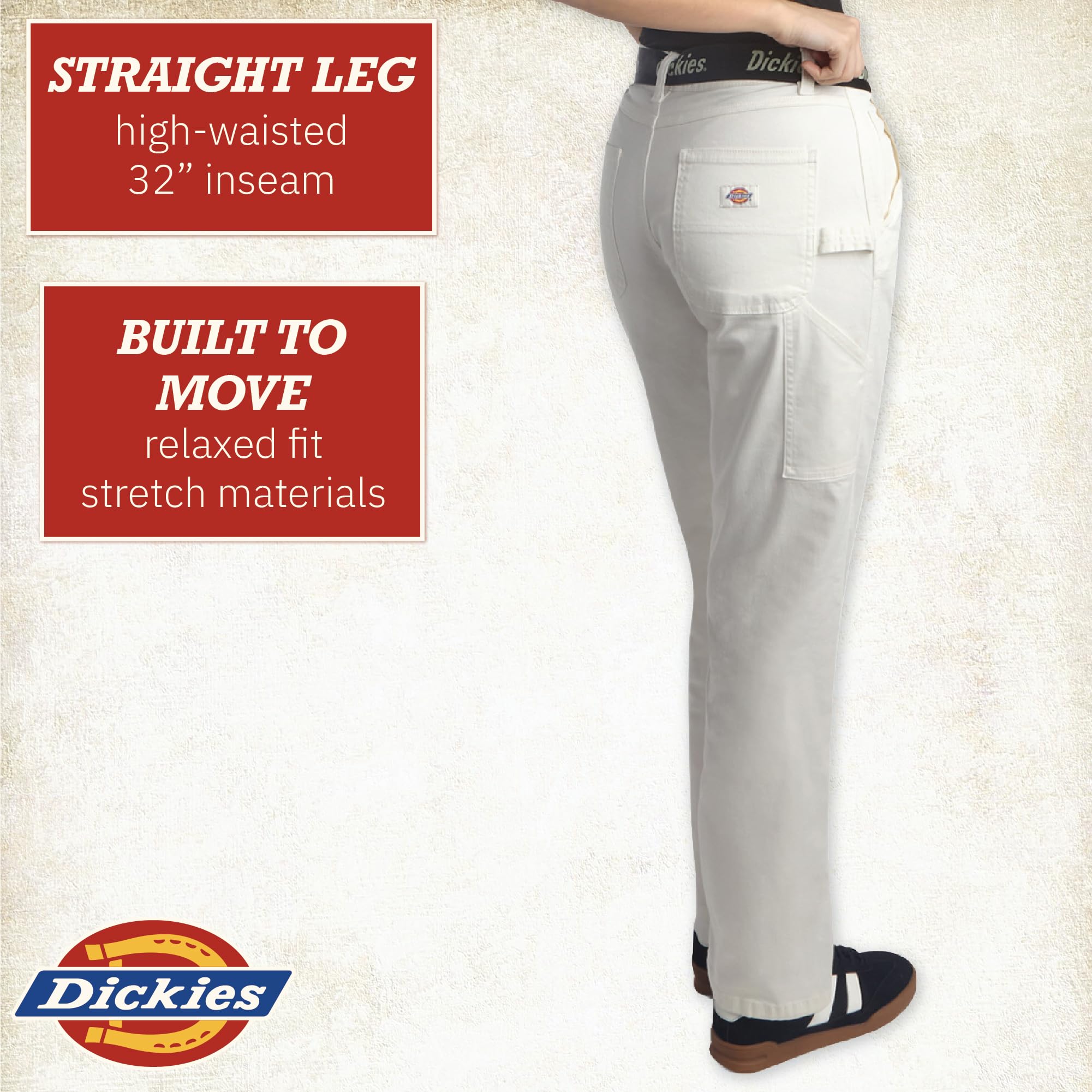Dickies Womens Work Pants with Belt - Relaxed Fit Straight Leg High Waisted Carpenter Pants for Women with Utility Pockets