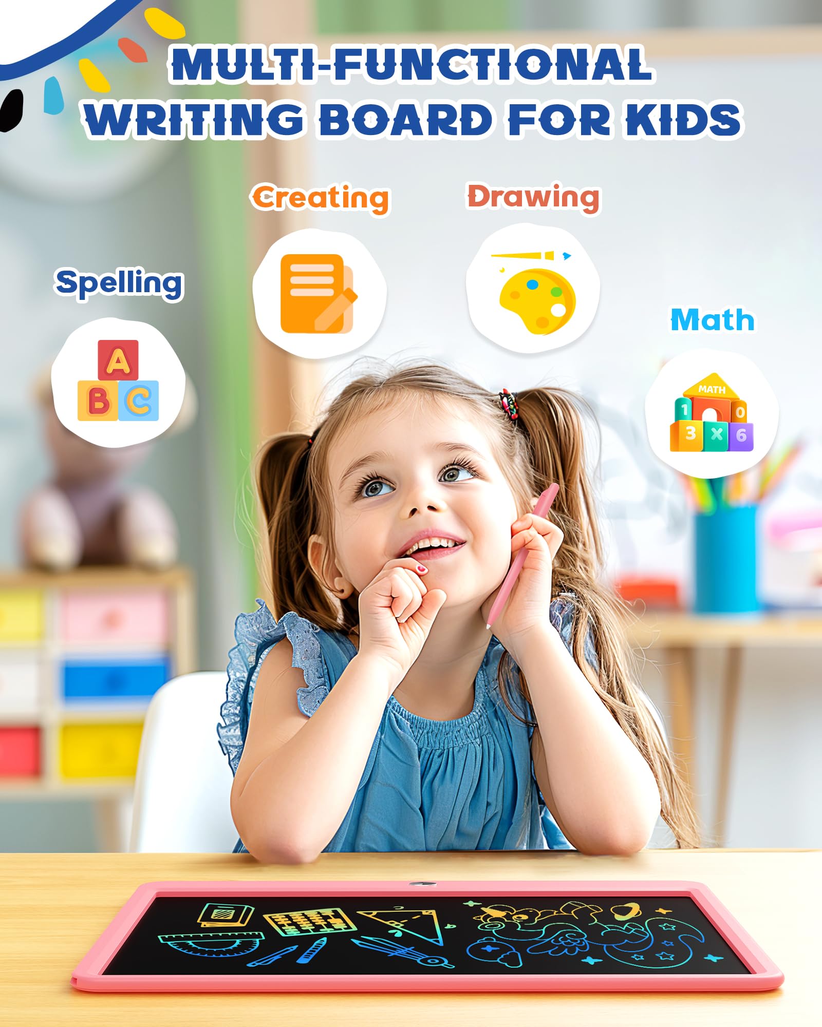 Bravokids 10 Inch LCD Writing Tablet for 3-8 Year Olds - Electronic Drawing Pad and Doodle Board as Educational Birthday Gifts for Girls and Boys (Pink)