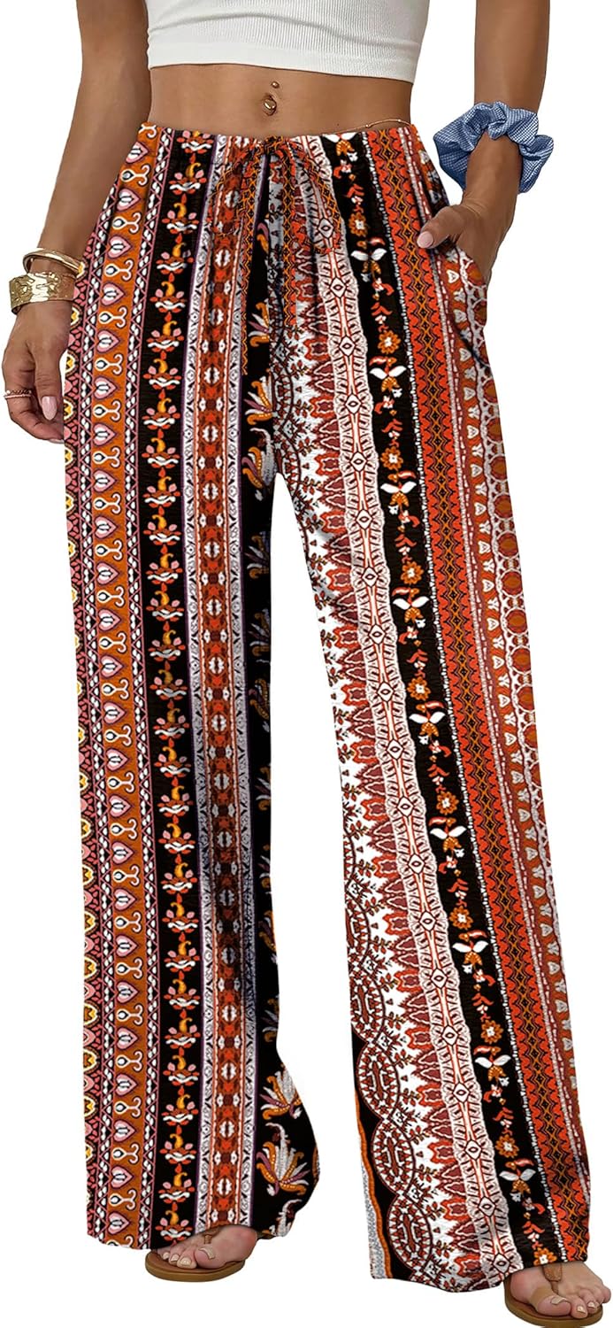 Wide Leg Pants for Women Flowy Palazzo Drawstring Elastic Waist Trousers with Pockets Summer Beach Vacation Clothes