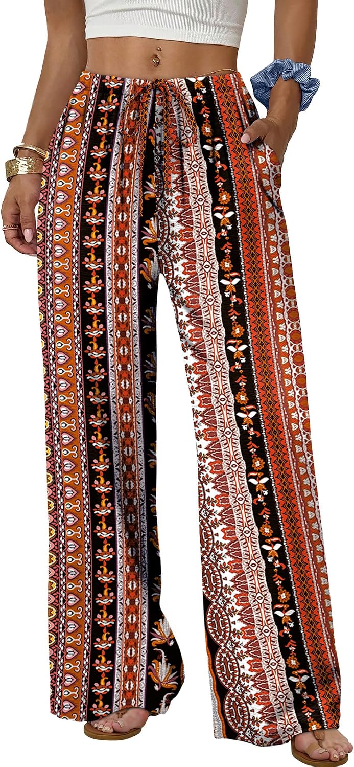 Wide Leg Pants for Women Flowy Palazzo Drawstring Elastic Waist Trousers with Pockets Summer Beach Vacation Clothes