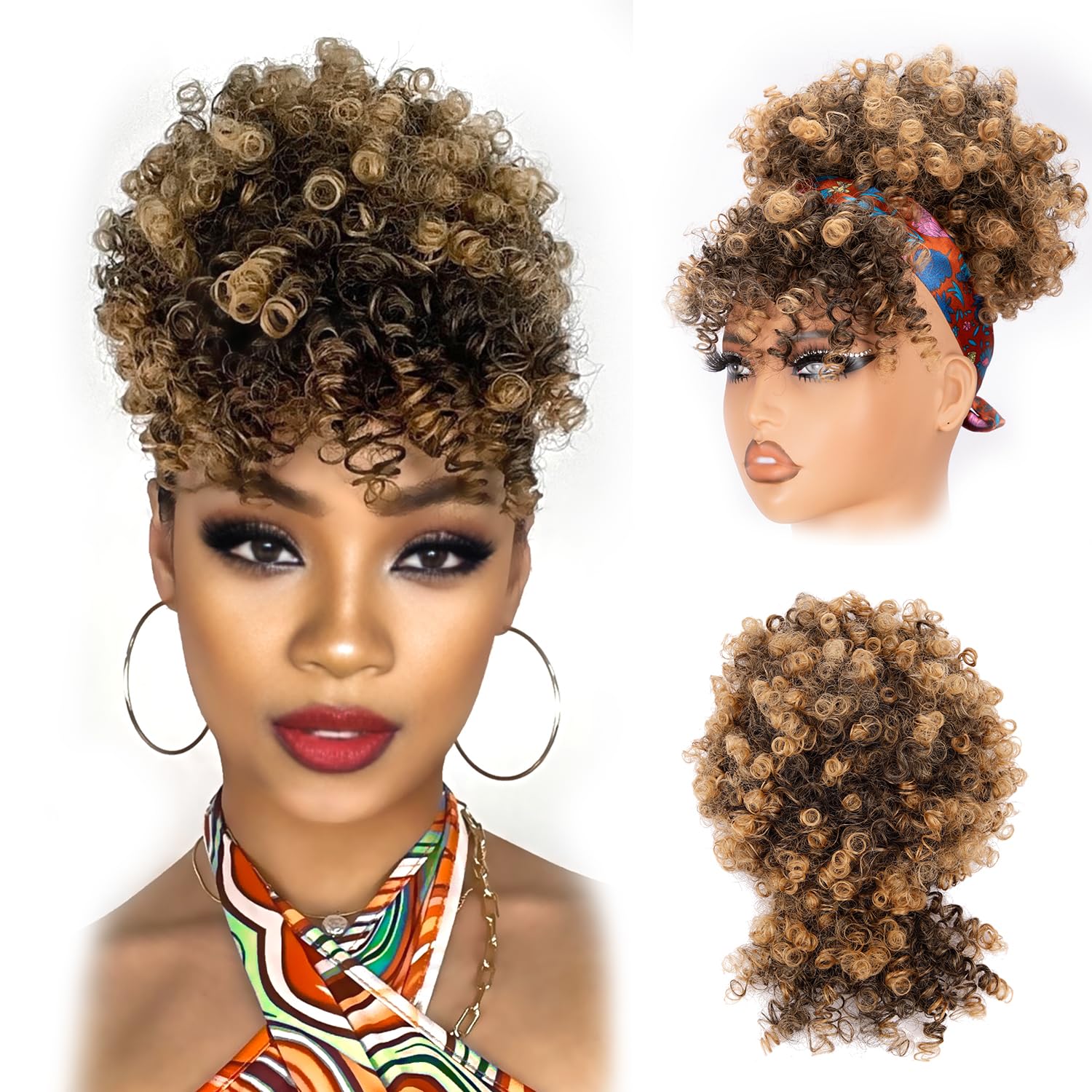 Drawstring Ponytail for Black Women, Afro Puff Kinky Curly Hair Ponytail Extension with Bangs Black Updo Natural Hair Ponytail (1B Natural Black)