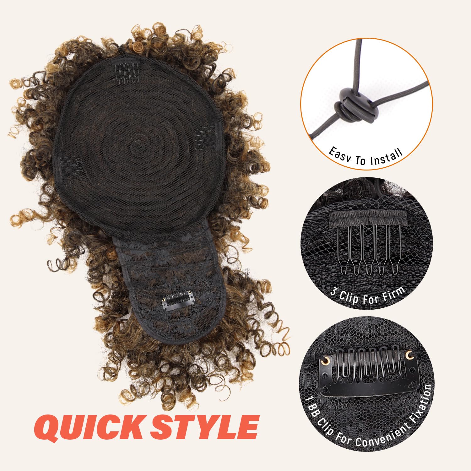 Drawstring Ponytail for Black Women, Afro Puff Kinky Curly Hair Ponytail Extension with Bangs Black Updo Natural Hair Ponytail (1B Natural Black)