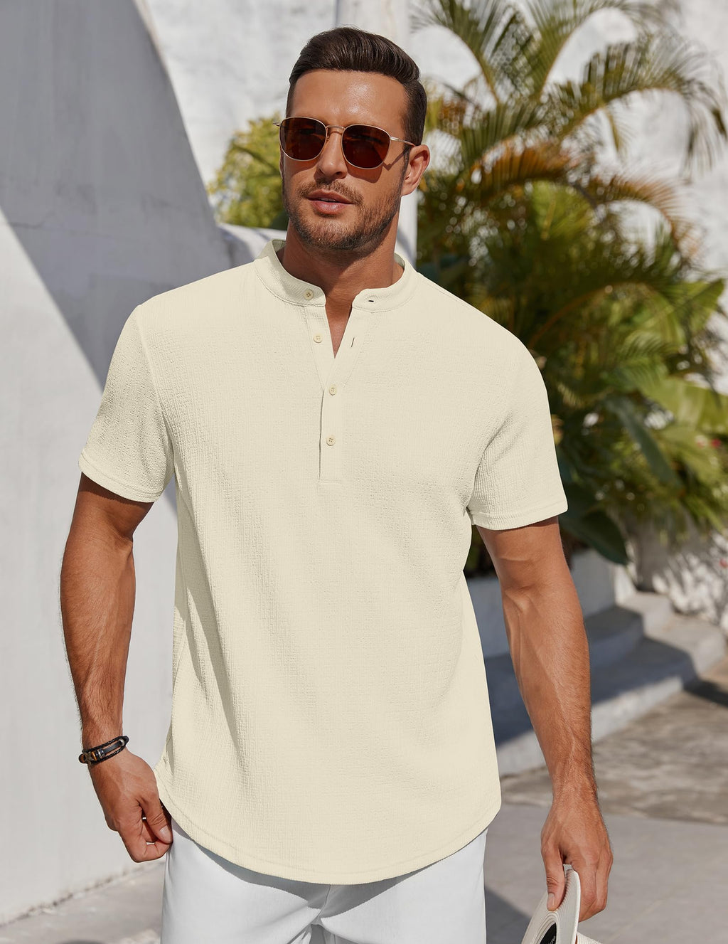 Men's Henley Shirt Short Sleeve Stand Collar Summer Casual Beach Hippie T-Shirts