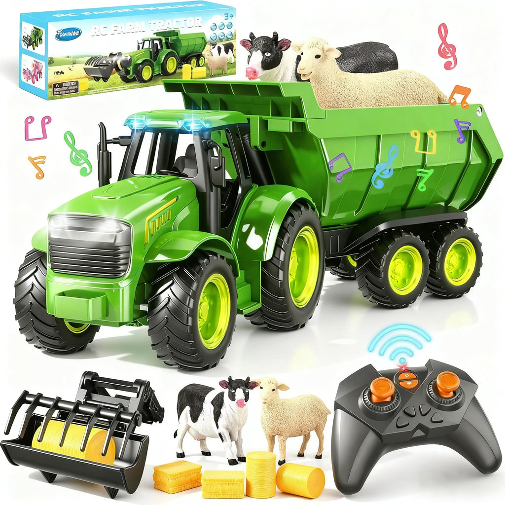 Funwee RC Farm Tractor Toy w/Light & Music, Kid Truck Toy w/Front Loader & Farm Animal, 2.4GHz RC Tractor Trailer Car Vehicle Toy for Boy Girl Age 3 4 5 6 7+ Year Old Christmas Birthday Gift (Pink)