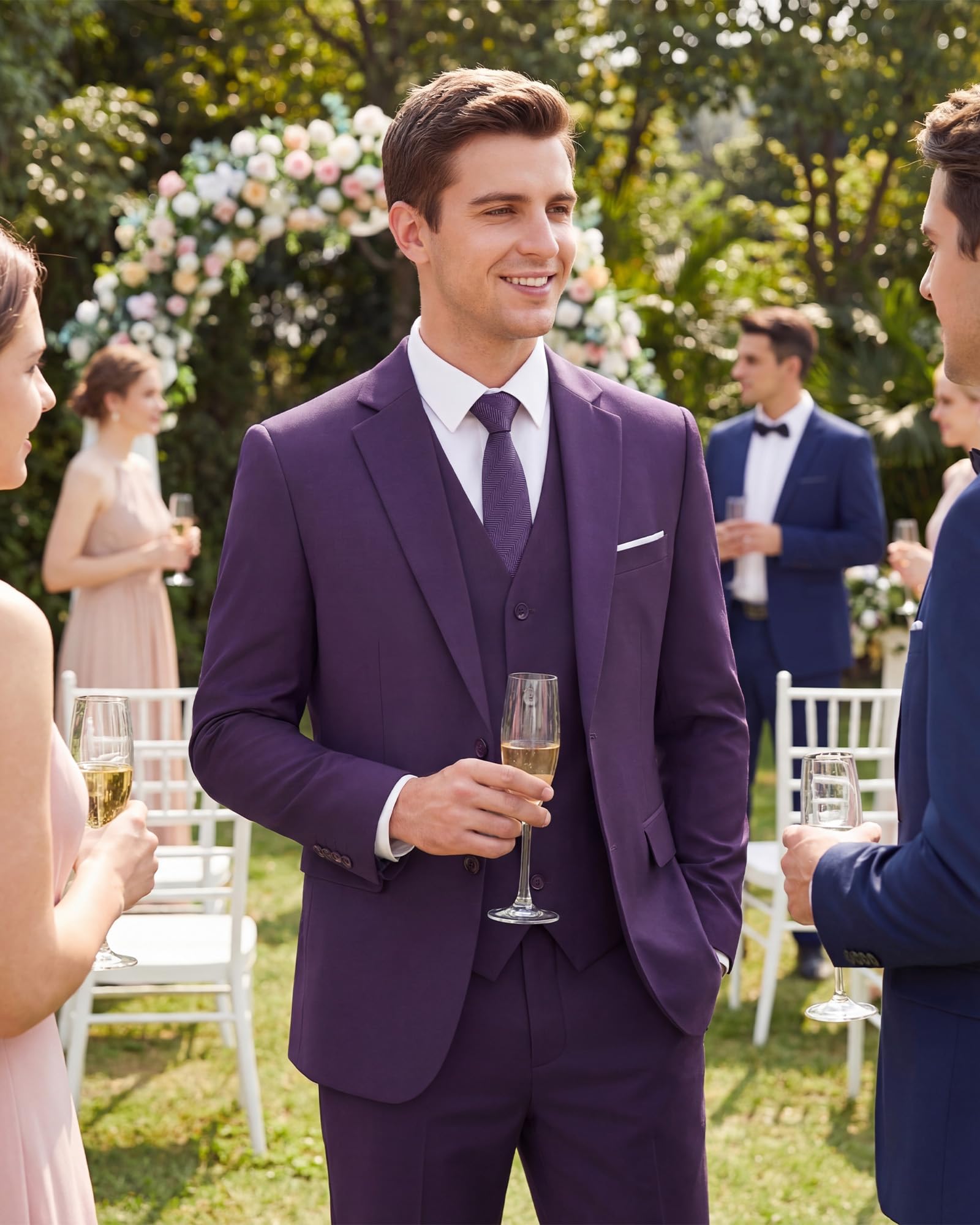 Men's Slim Fit 3 Piece Suits Two Button Blazer Vest & Pants Tuxedo Set for Business Wedding Party