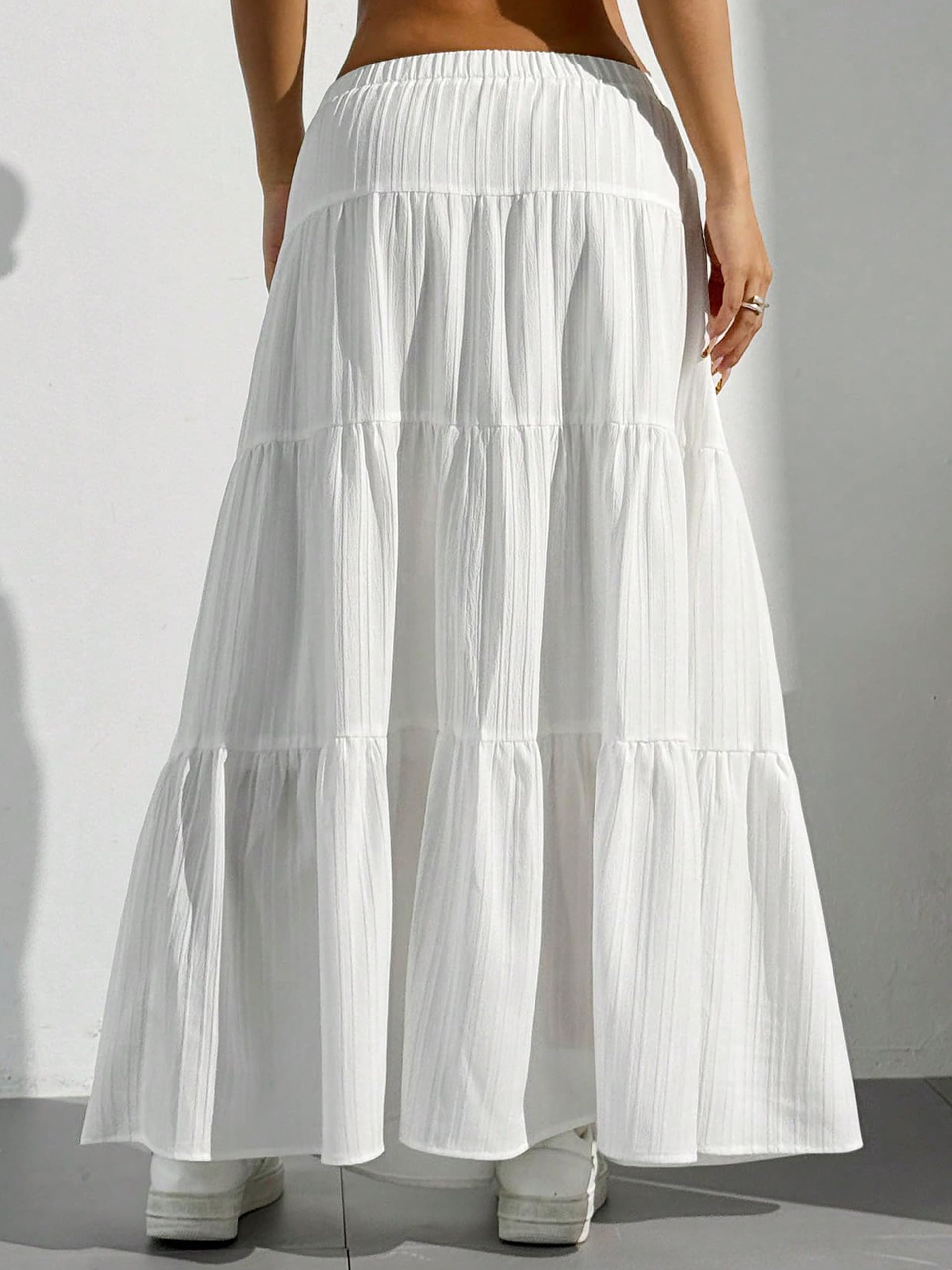 Women's Boho Flowy White Maxi Skirt Flared Ruffle Elastic Waist Summer A Line 2026 Spring Long Skirts