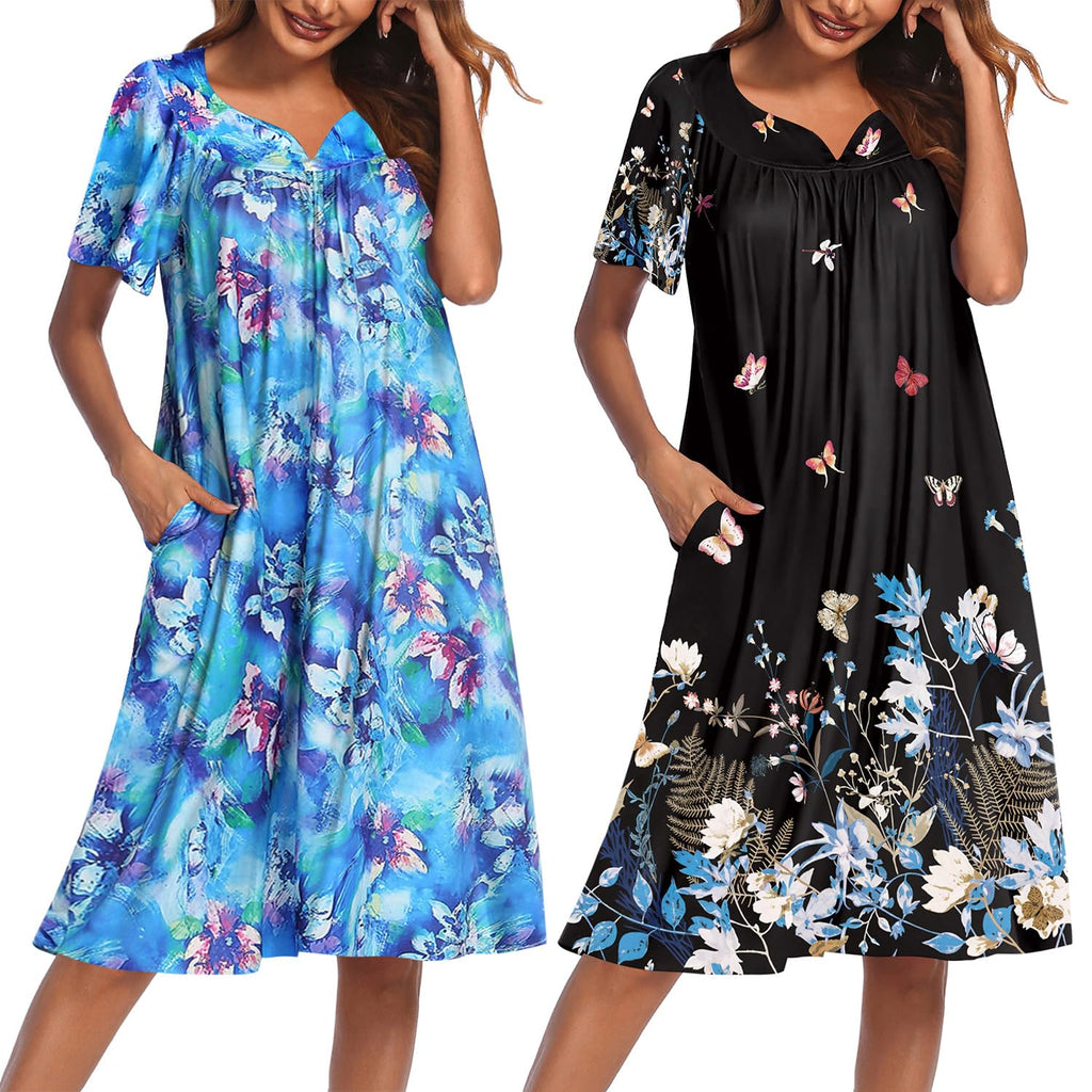 2 Pack House Dresses for Women with Pockets Short Sleeve Moo Moos Floral Print Mumu Dresses