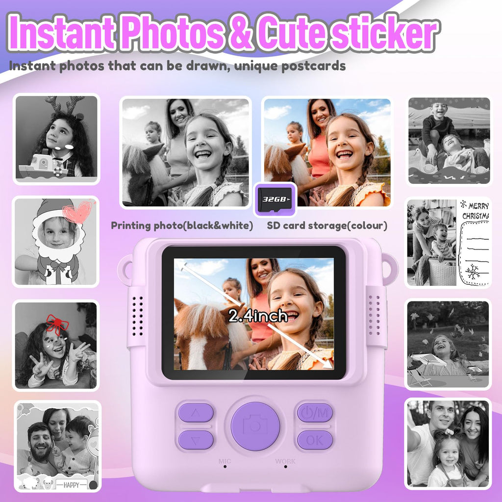 ESOXOFFORE Instant Print Camera for Kids, Christmas Birthday Gifts for Girls Boys Age 3-12,Kids Digital Cameras for Toddler, Portable Toy for 3 4 5 6 7 8 9 10 Year Old Girl with 32GB SD Card-Purple