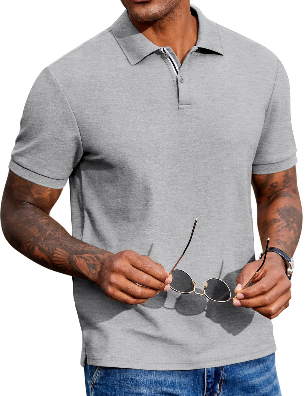 Men's Polo Shirts Short Sleeve Cotton Pique Casual Button T Shirts Classic Fit Collared Golf Shirts