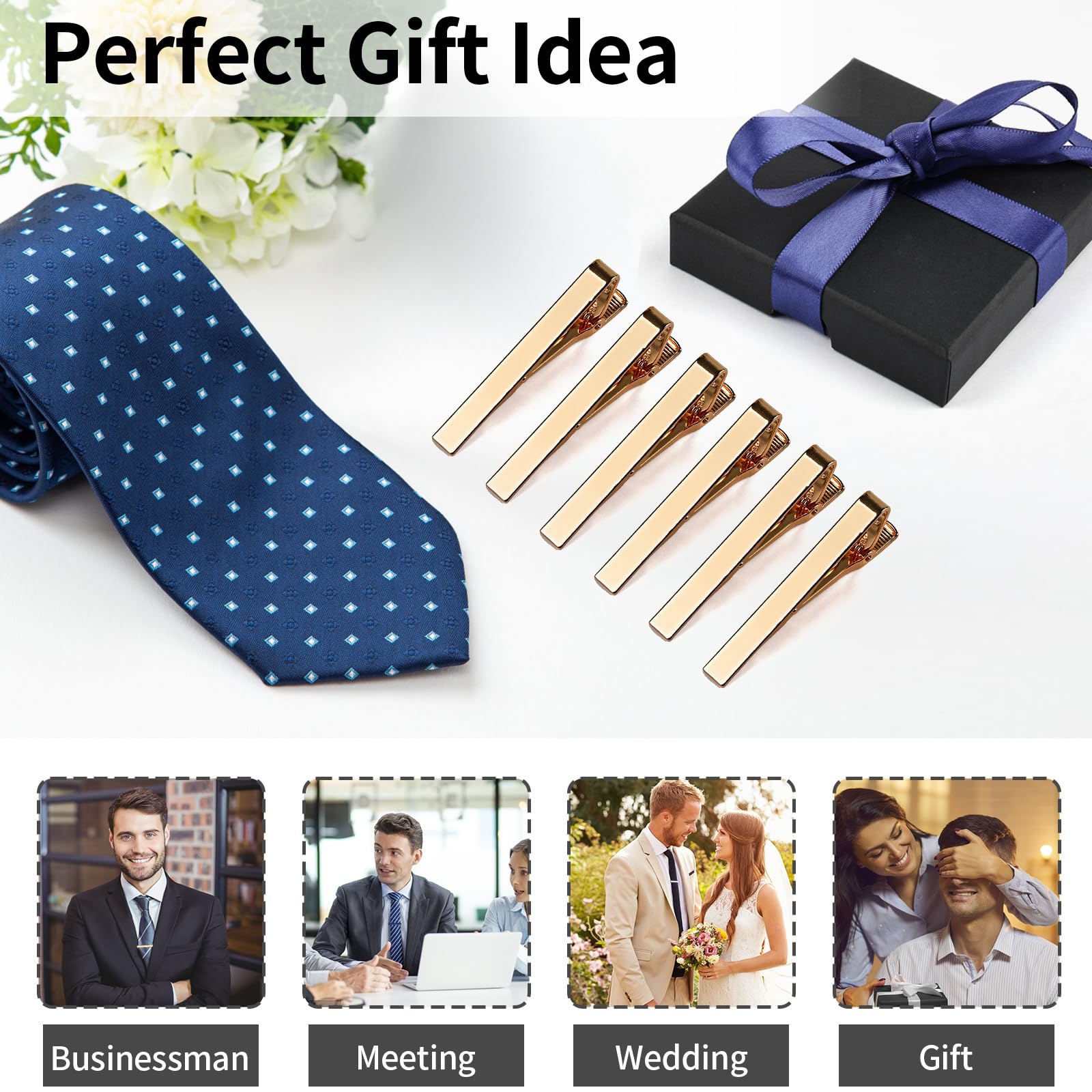 6 Pcs Tie Clips for Men, Classic Shiny & Glossy Tie Bar, Ideal for Father, Husband, Boyfriend, Business, Wedding, Tie Pins with Gift Box
