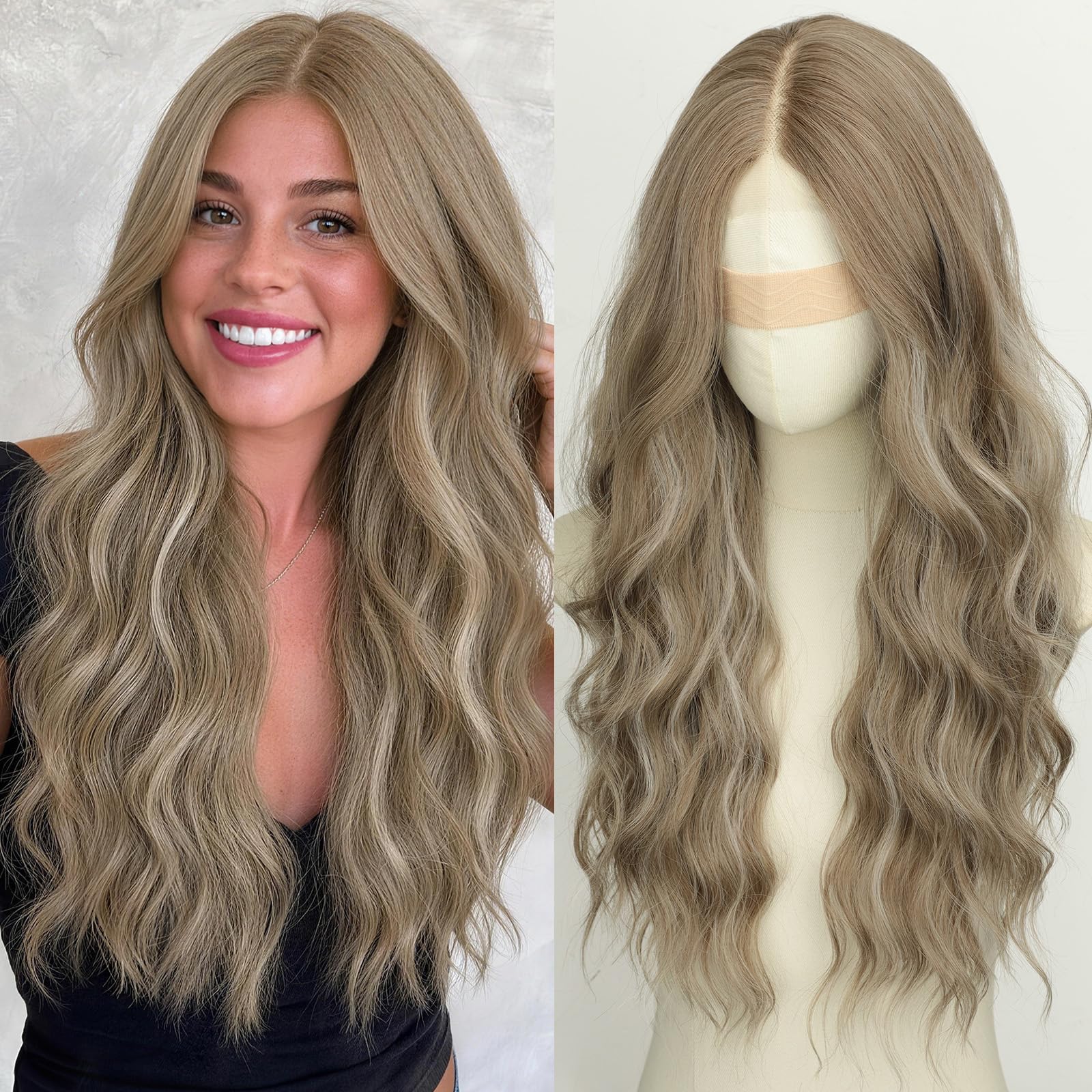 Long Brown Mixed Blonde Wavy Wig 4x1 Lace Natural Hairline Middle Part Curly Heat-Resistant Synthetic Fiber for Women & Beginners Daily Party Use 26In