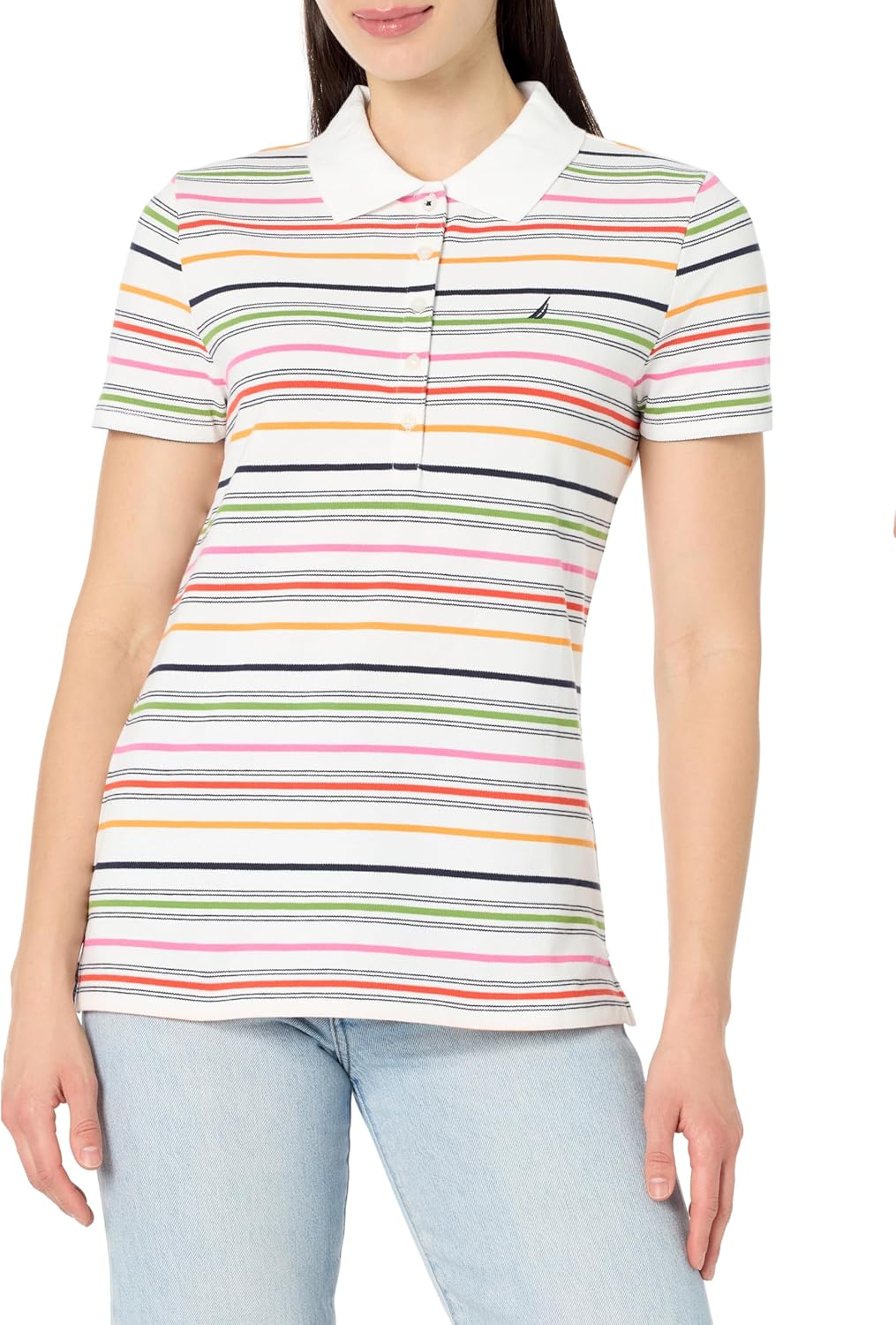 Nautica Women's 5-Button Short Sleeve Breathable 100% Cotton Polo Shirt