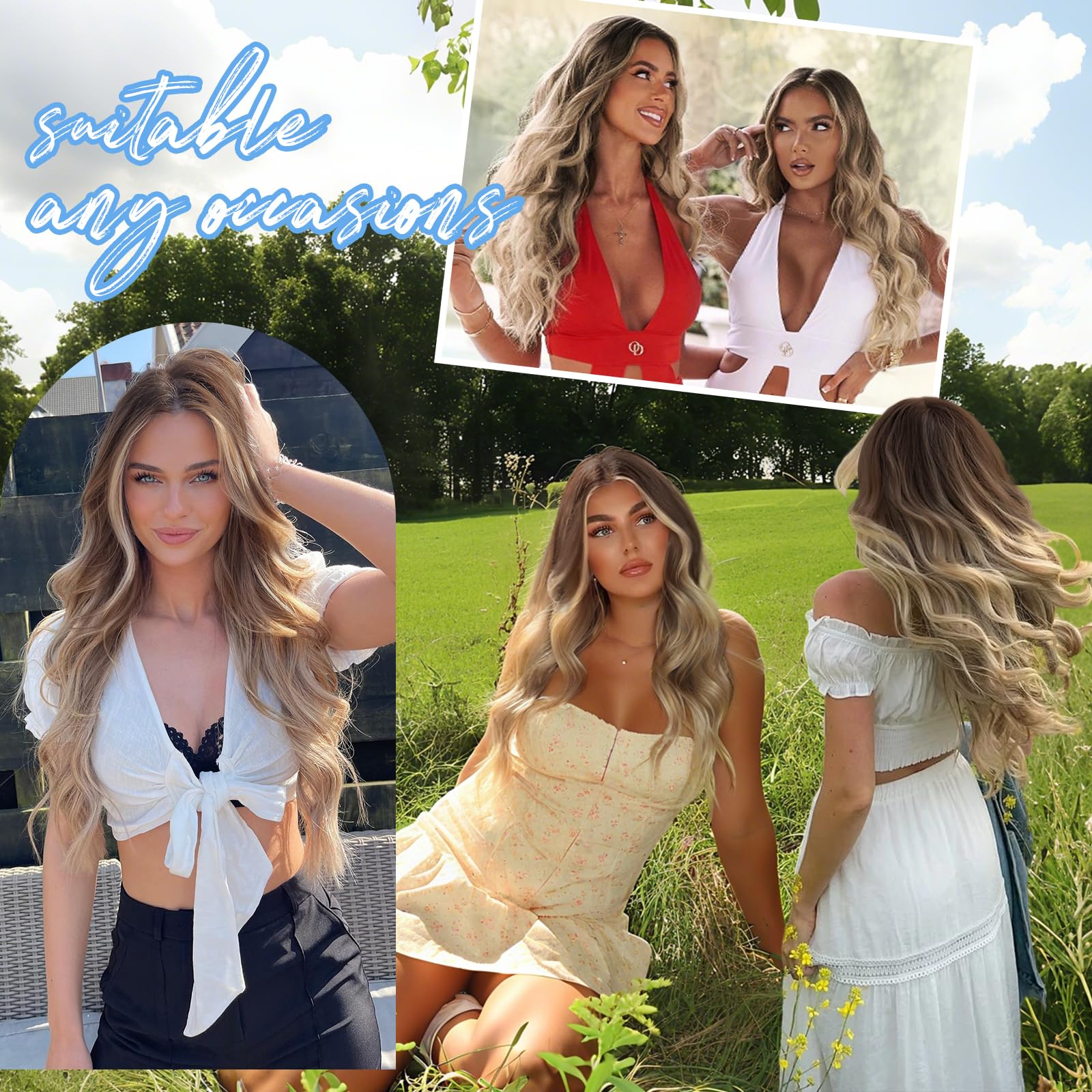 Long Brown Mixed Blonde Wavy Wig 4x1 Lace Natural Hairline Middle Part Curly Heat-Resistant Synthetic Fiber for Women & Beginners Daily Party Use 26In