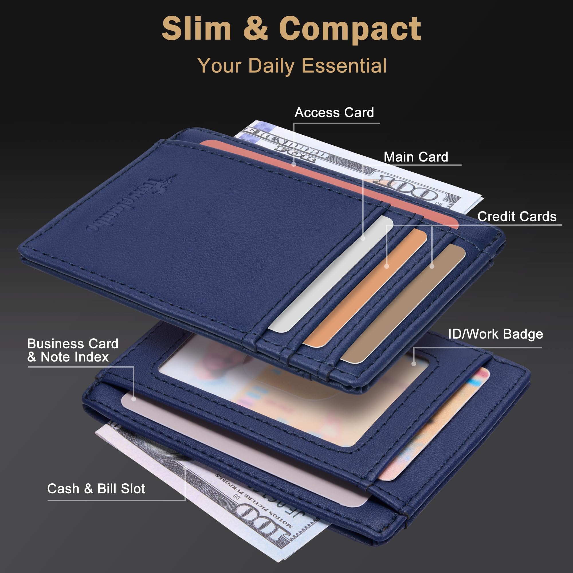 Slim Wallet Front Pocket Minimalist Leather RFID Blocking Medium Size