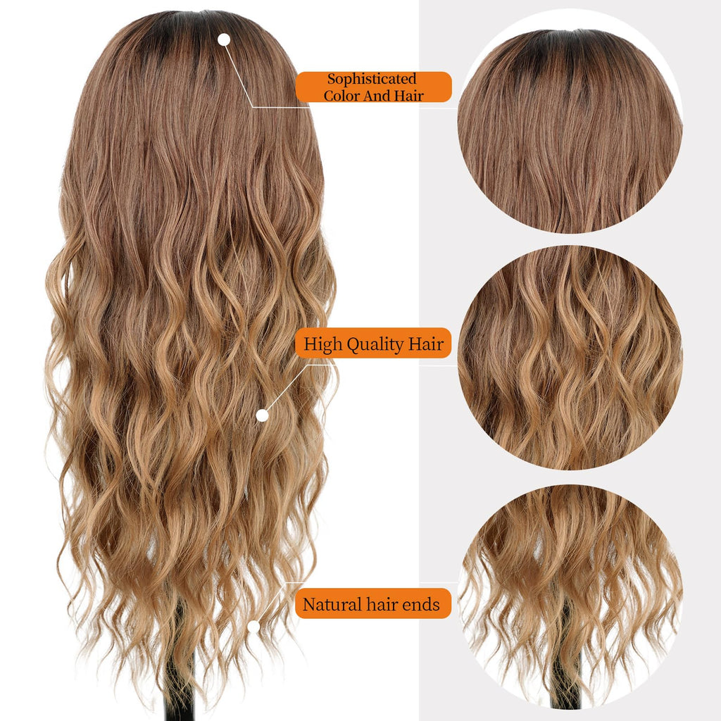 Long Brown Mixed Blonde Wavy Wig 4x1 Lace Natural Hairline Middle Part Curly Heat-Resistant Synthetic Fiber for Women & Beginners Daily Party Use 26In