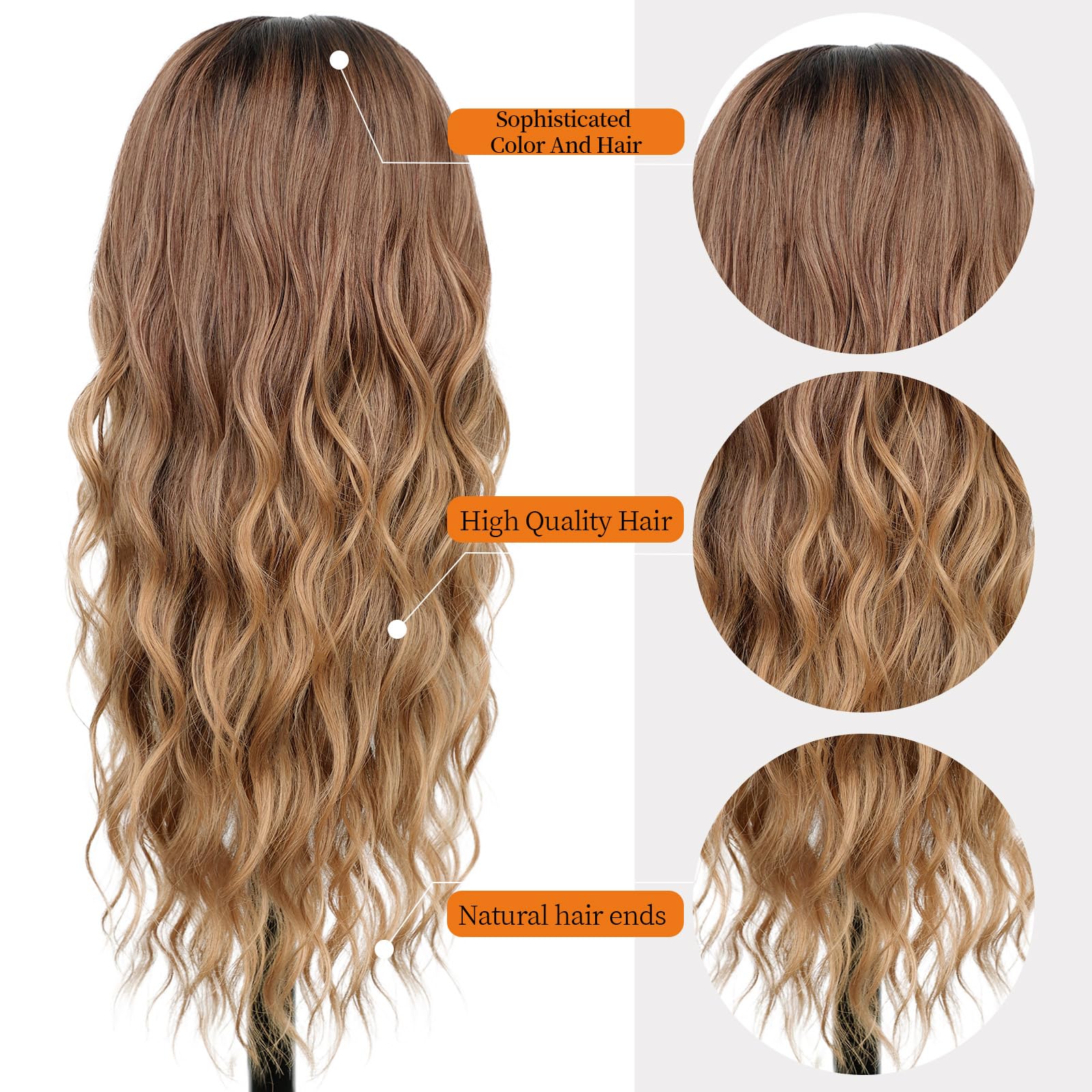 Long Brown Mixed Blonde Wavy Wig 4x1 Lace Natural Hairline Middle Part Curly Heat-Resistant Synthetic Fiber for Women & Beginners Daily Party Use 26In