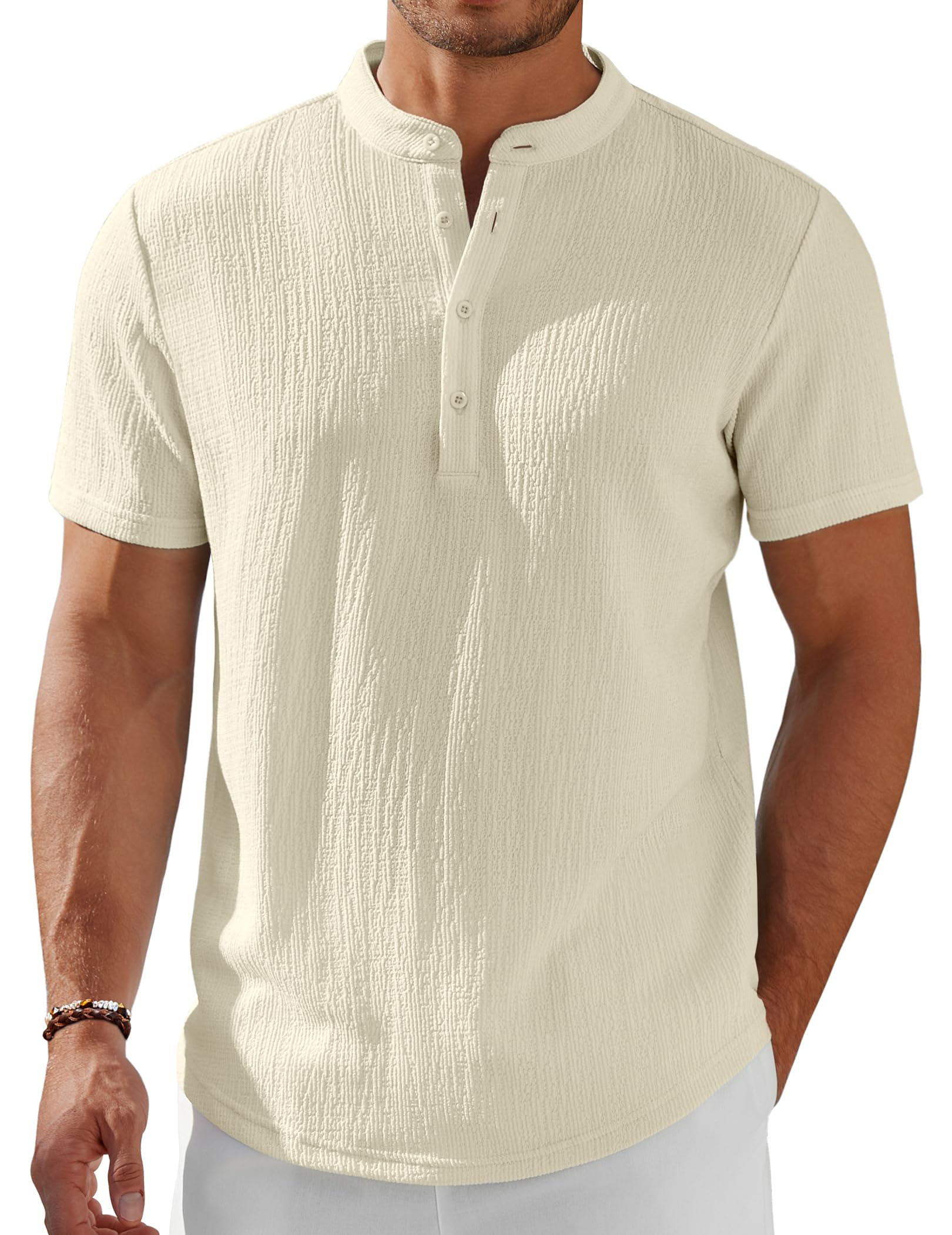 Men's Henley Shirt Short Sleeve Stand Collar Summer Casual Beach Hippie T-Shirts