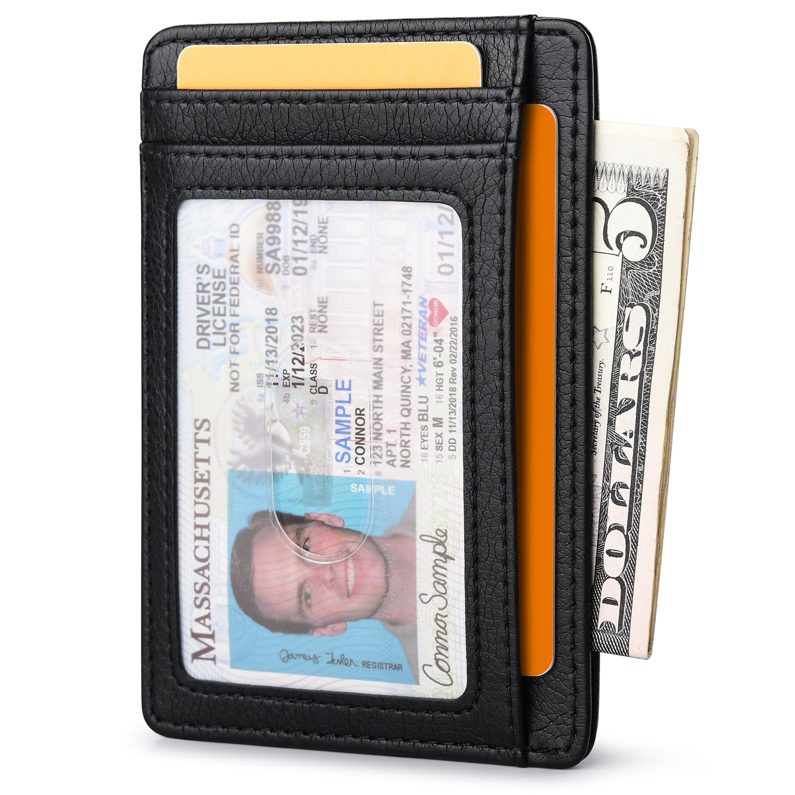 Slim Minimalist Front Pocket RFID Blocking Leather Wallets for Men and Women - Carbon Fiber Black