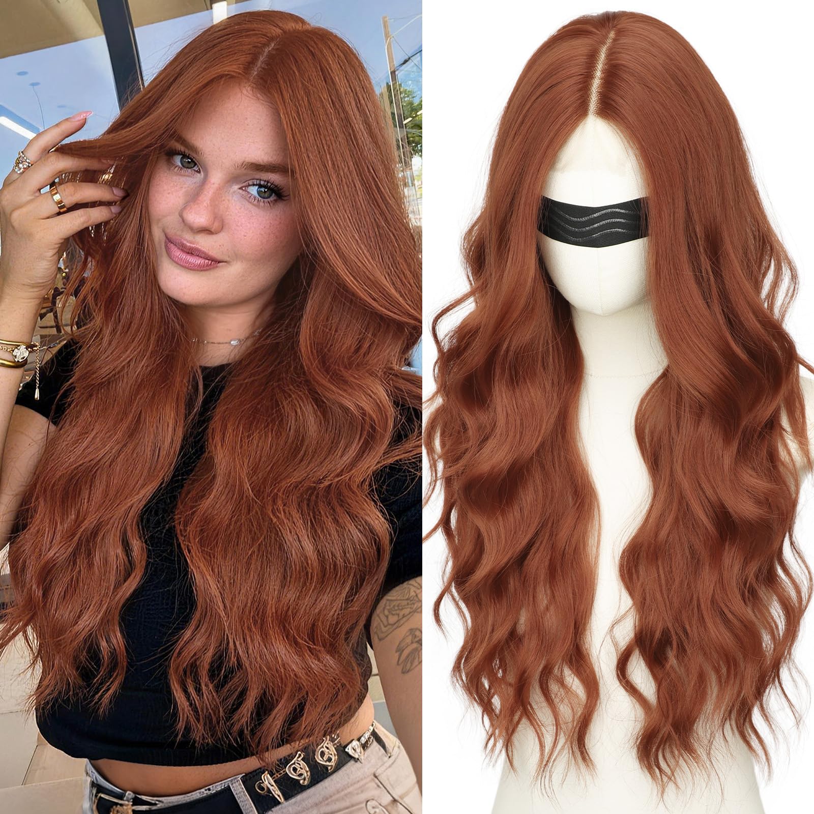 Long Brown Mixed Blonde Wavy Wig 4x1 Lace Natural Hairline Middle Part Curly Heat-Resistant Synthetic Fiber for Women & Beginners Daily Party Use 26In