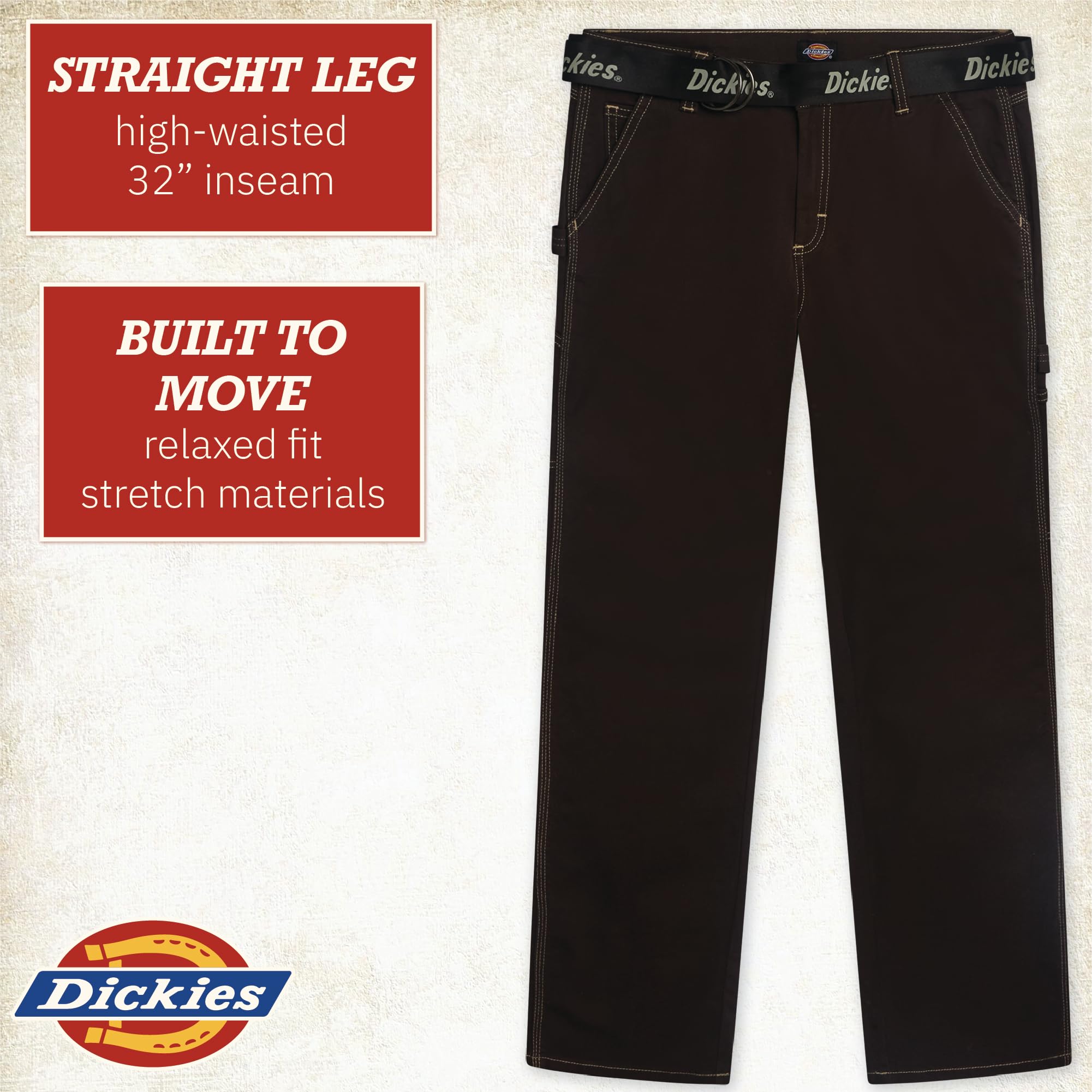 Dickies Womens Work Pants with Belt - Relaxed Fit Straight Leg High Waisted Carpenter Pants for Women with Utility Pockets