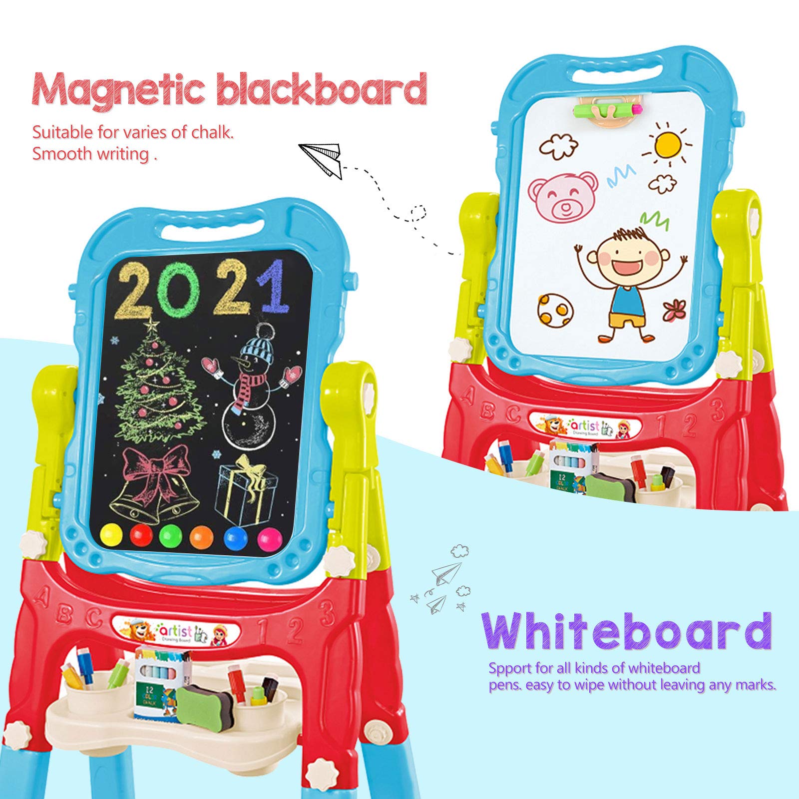 Mojitodon Art Easel for Kids, Adjustable Standing Rotatable Double Sided Easel with Painting Accessories for Toddlers Boys and Girls-Pink