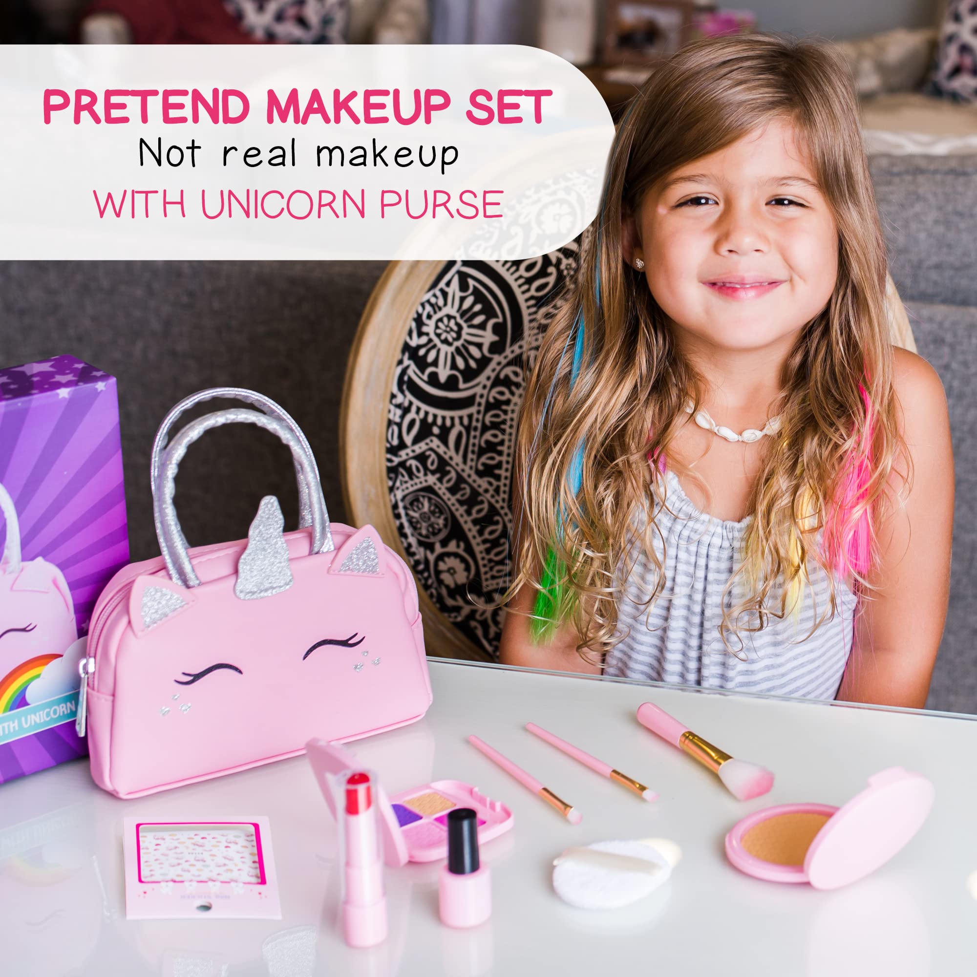Kids Real Makeup Kit with Pink Unicorn Purse, Non Toxic Washable Make Up Set - Unicorn Toys for Girls Age 4-6, Girls Easter Basket Stuffers, Easter Gifts for Kids, Girl Gift Ages 3 4 5 6 7 8 Years Old
