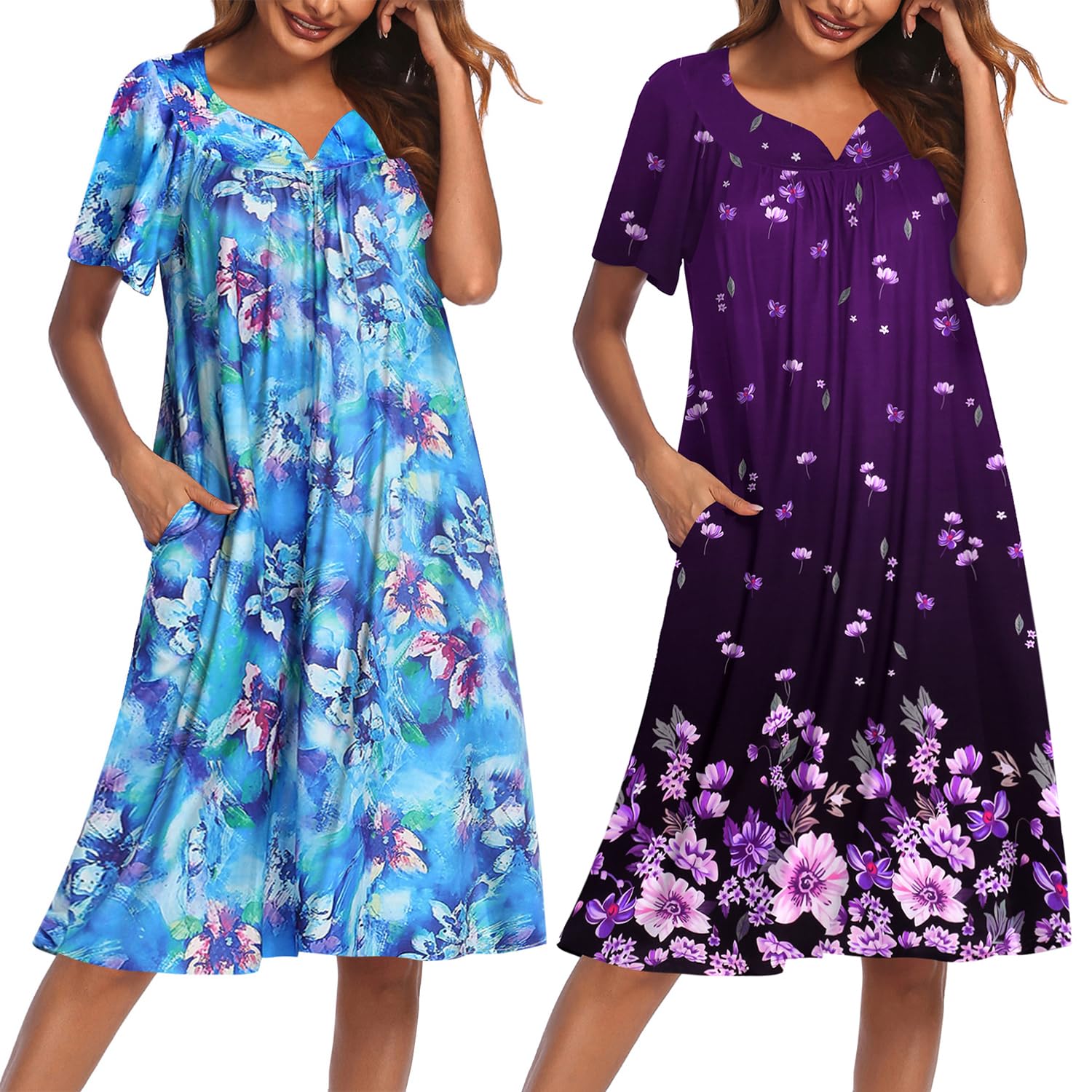 2 Pack House Dresses for Women with Pockets Short Sleeve Moo Moos Floral Print Mumu Dresses