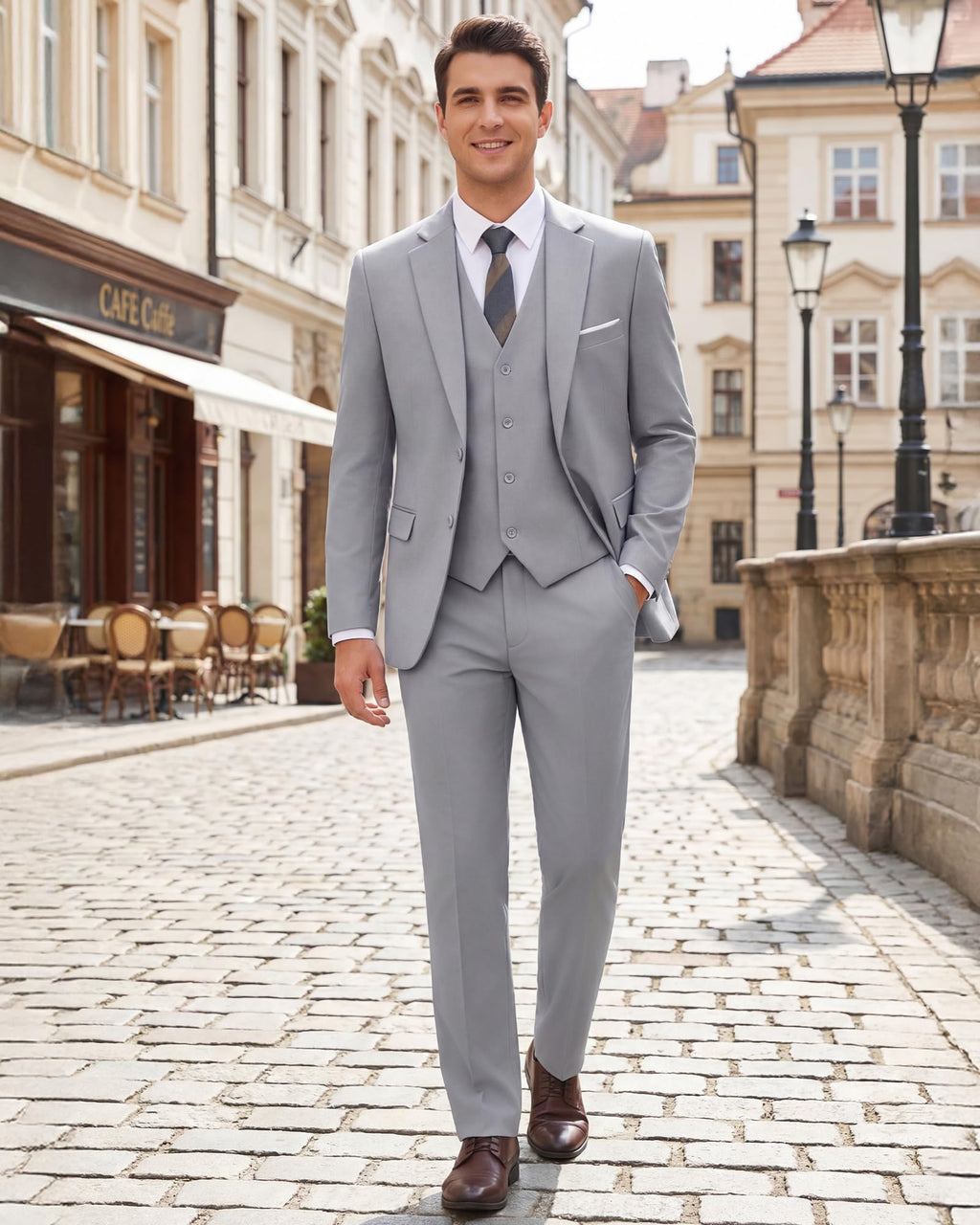 Men's Slim Fit 3 Piece Suits Two Button Blazer Vest & Pants Tuxedo Set for Business Wedding Party