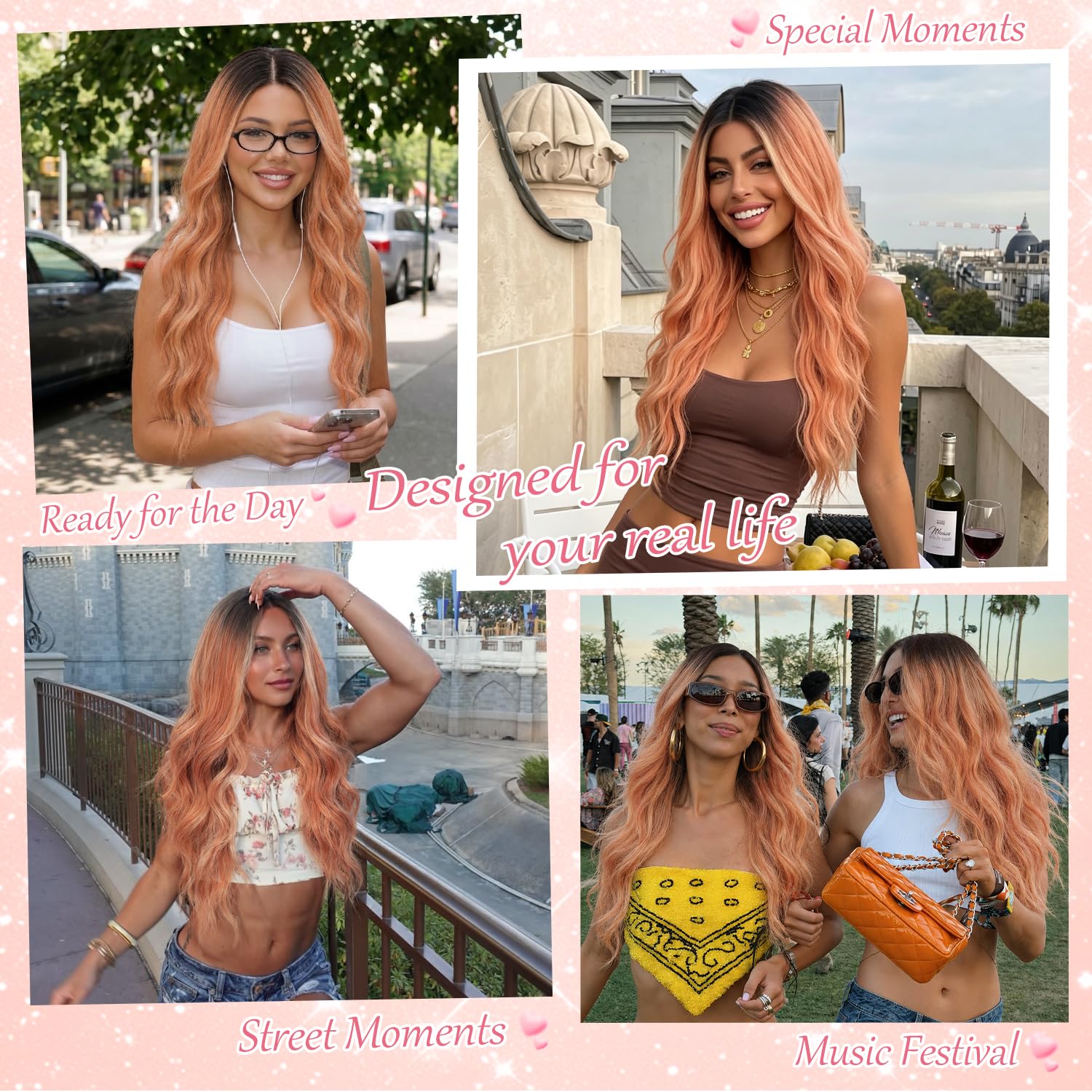 Long Brown Mixed Blonde Wavy Wig 4x1 Lace Natural Hairline Middle Part Curly Heat-Resistant Synthetic Fiber for Women & Beginners Daily Party Use 26In