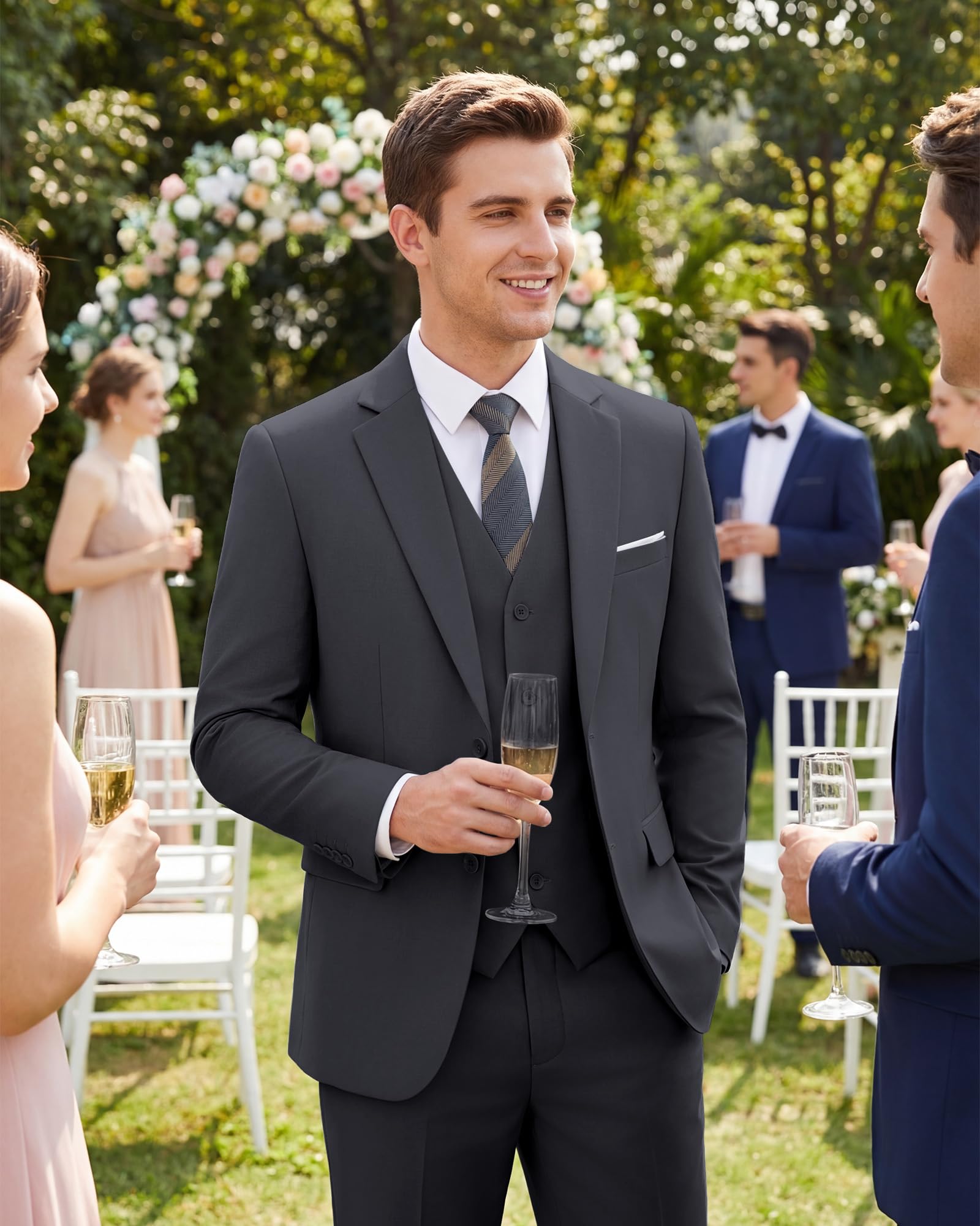 Men's Slim Fit 3 Piece Suits Two Button Blazer Vest & Pants Tuxedo Set for Business Wedding Party