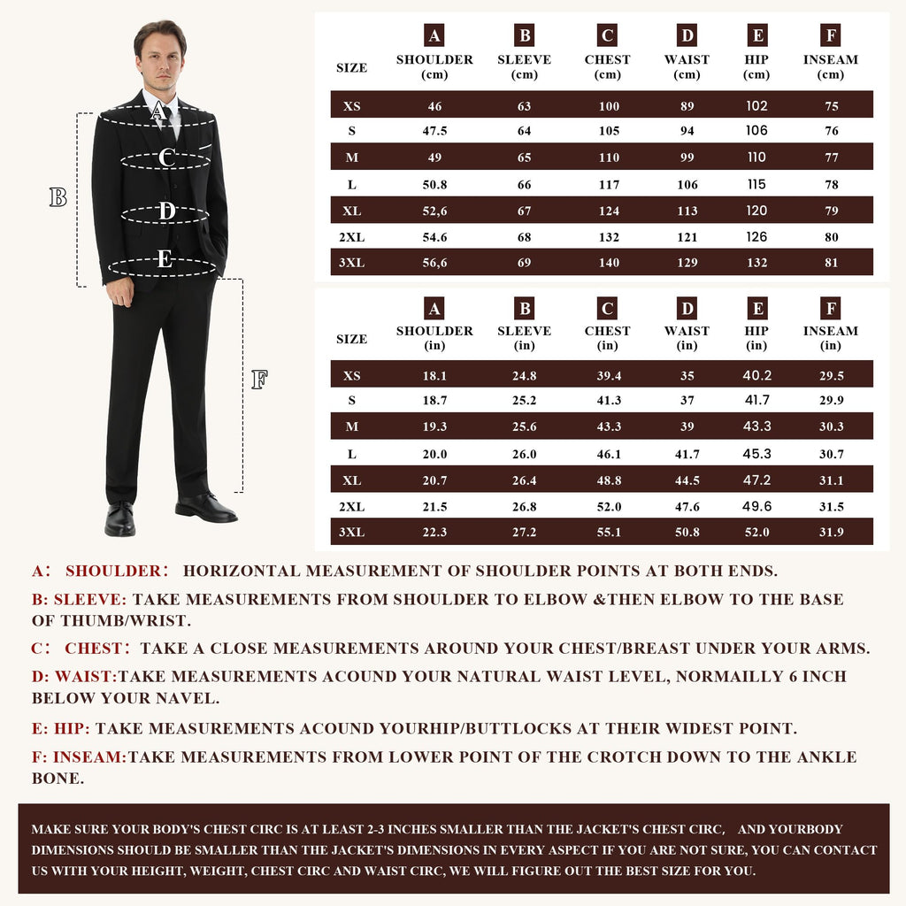 Men's Slim Fit 3 Piece Suits Two Button Blazer Vest & Pants Tuxedo Set for Business Wedding Party
