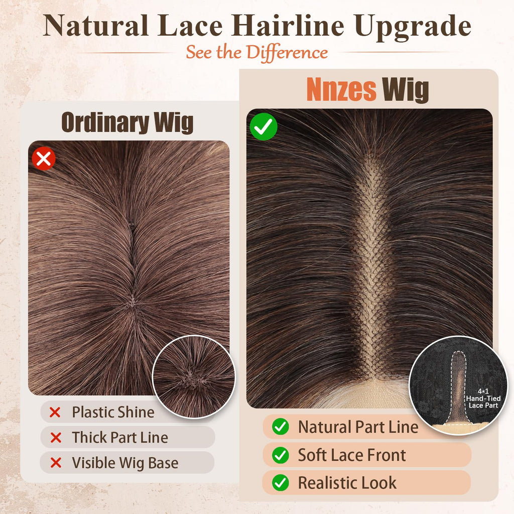 Long Brown Mixed Blonde Wavy Wig 4x1 Lace Natural Hairline Middle Part Curly Heat-Resistant Synthetic Fiber for Women & Beginners Daily Party Use 26In