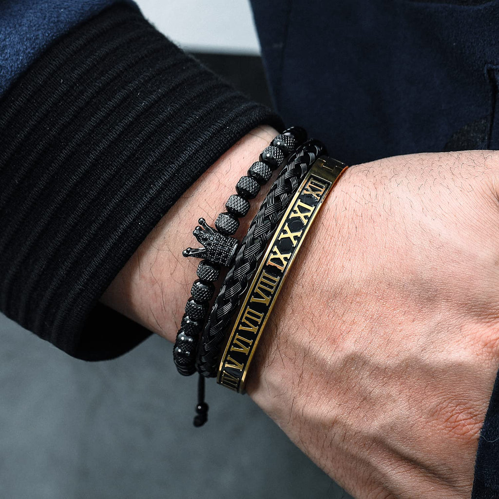 3PCS Stainless Steel Bracelets for Men Gold Roman Numeral Bangle Bracelet Twisted Cable Bracelet Adjustable Cuff Bracelet Mens Luxury Jewelry Bracelets Gifts