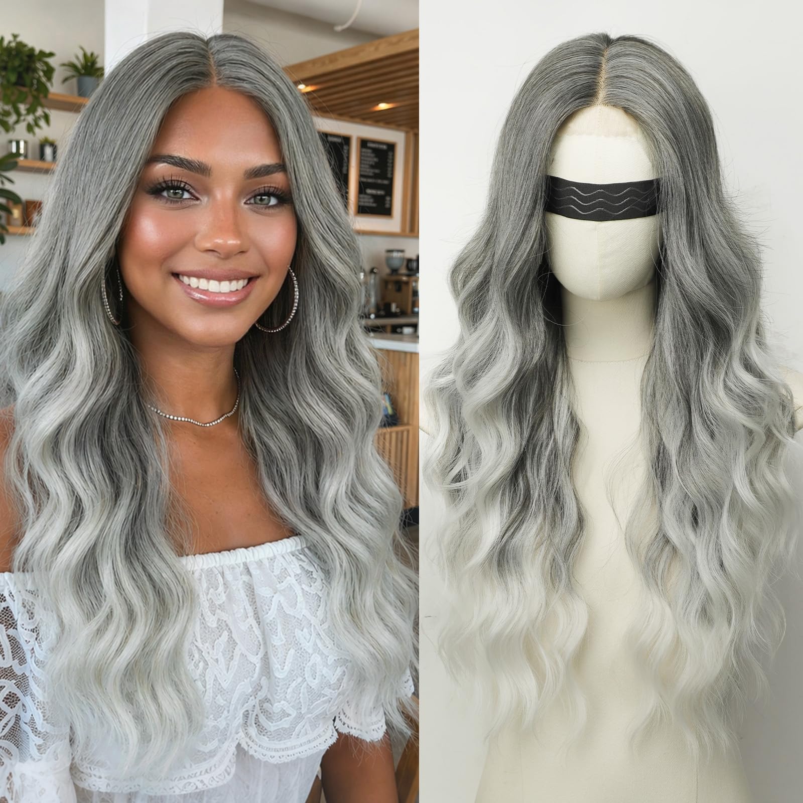 Long Brown Mixed Blonde Wavy Wig 4x1 Lace Natural Hairline Middle Part Curly Heat-Resistant Synthetic Fiber for Women & Beginners Daily Party Use 26In