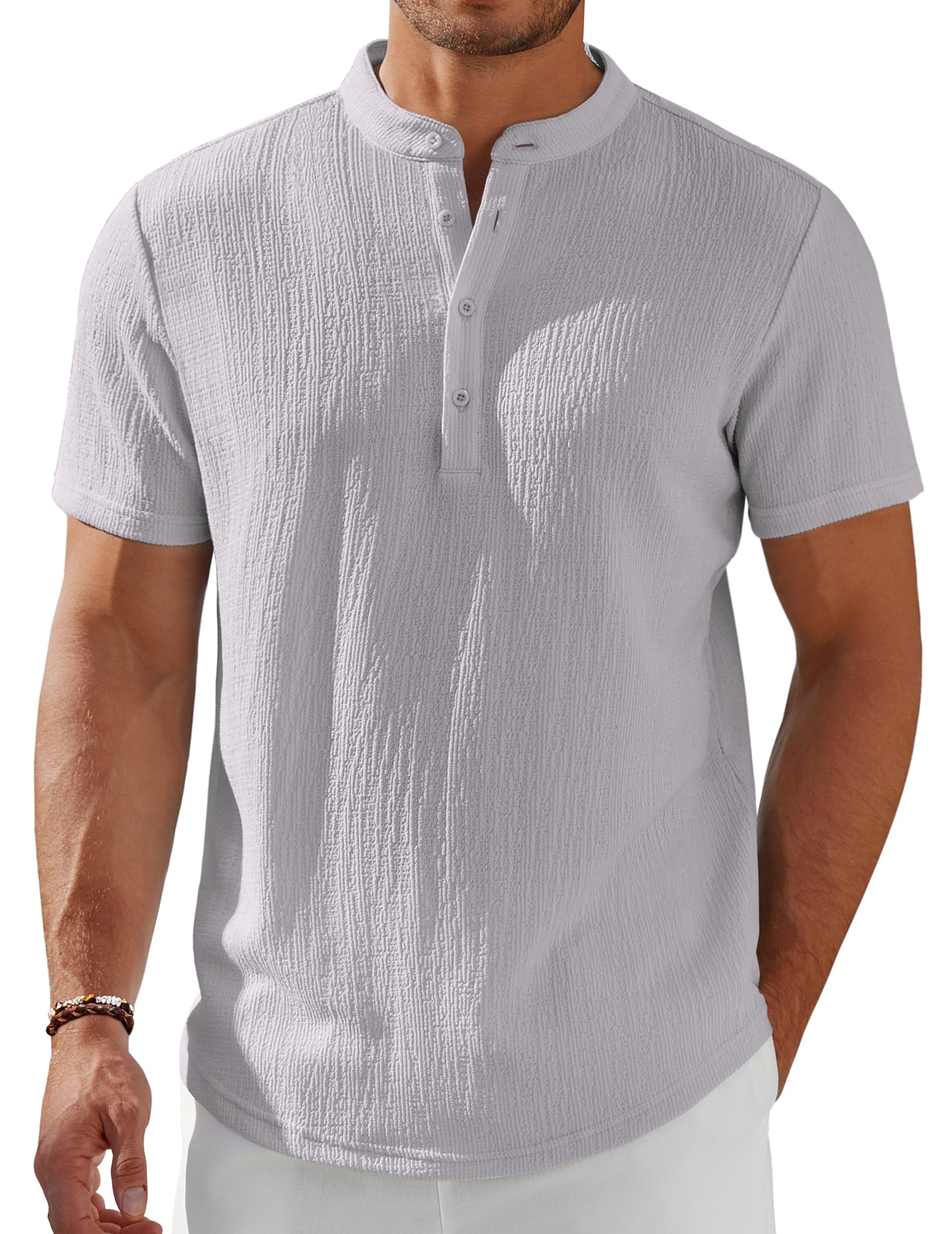 Men's Henley Shirt Short Sleeve Stand Collar Summer Casual Beach Hippie T-Shirts