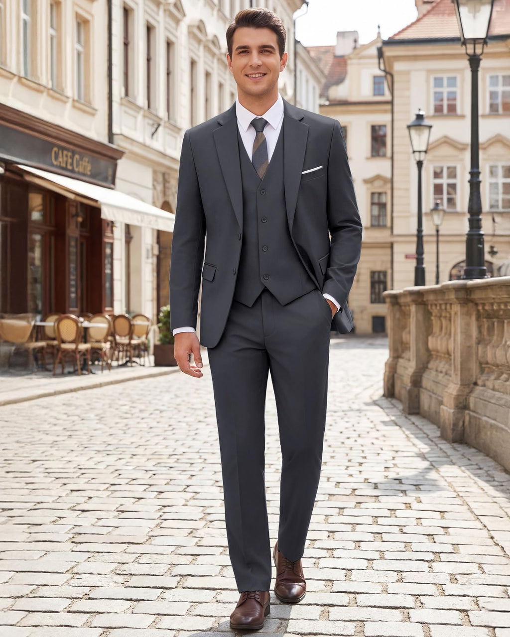 Men's Slim Fit 3 Piece Suits Two Button Blazer Vest & Pants Tuxedo Set for Business Wedding Party