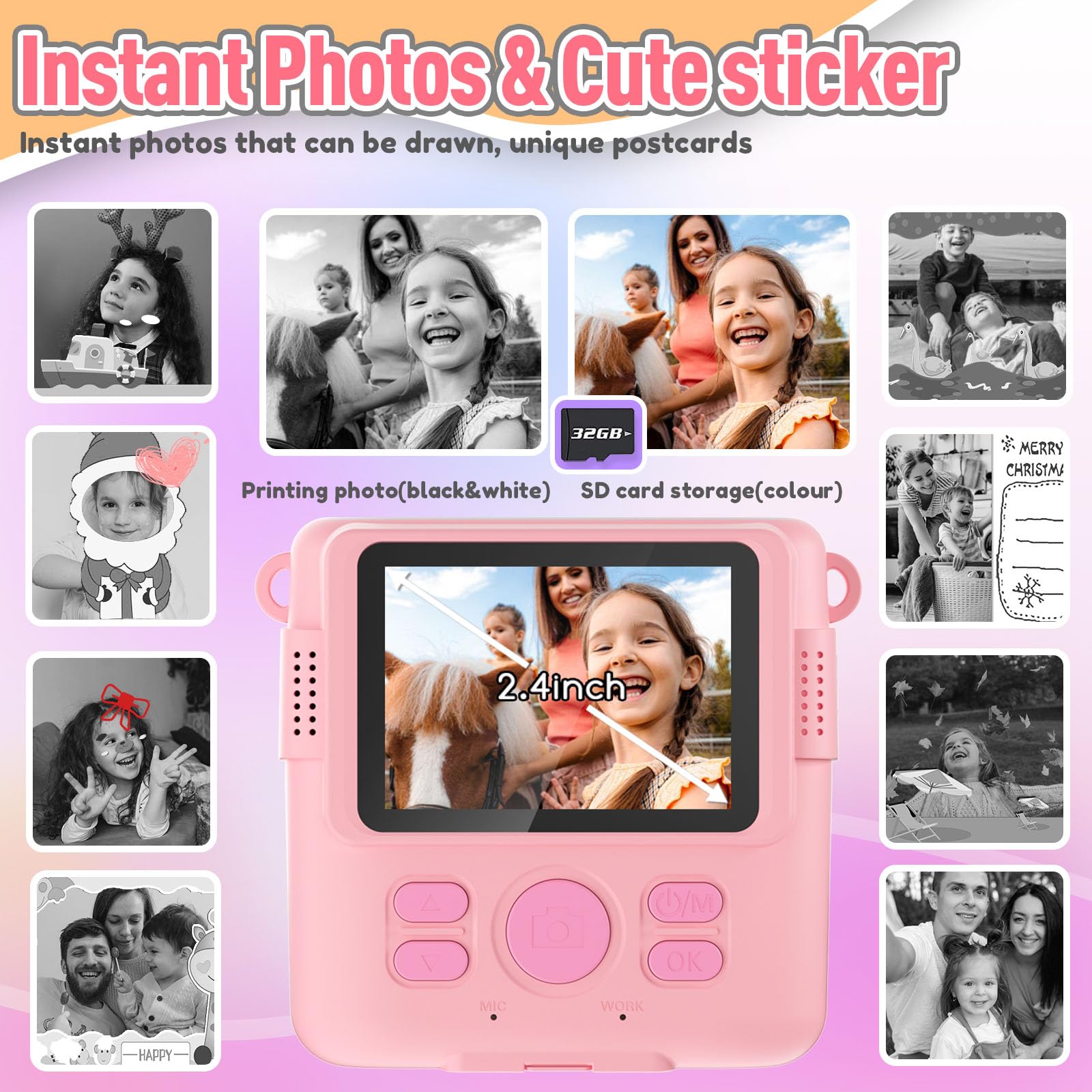 ESOXOFFORE Instant Print Camera for Kids, Christmas Birthday Gifts for Girls Boys Age 3-12,Kids Digital Cameras for Toddler, Portable Toy for 3 4 5 6 7 8 9 10 Year Old Girl with 32GB SD Card-Purple
