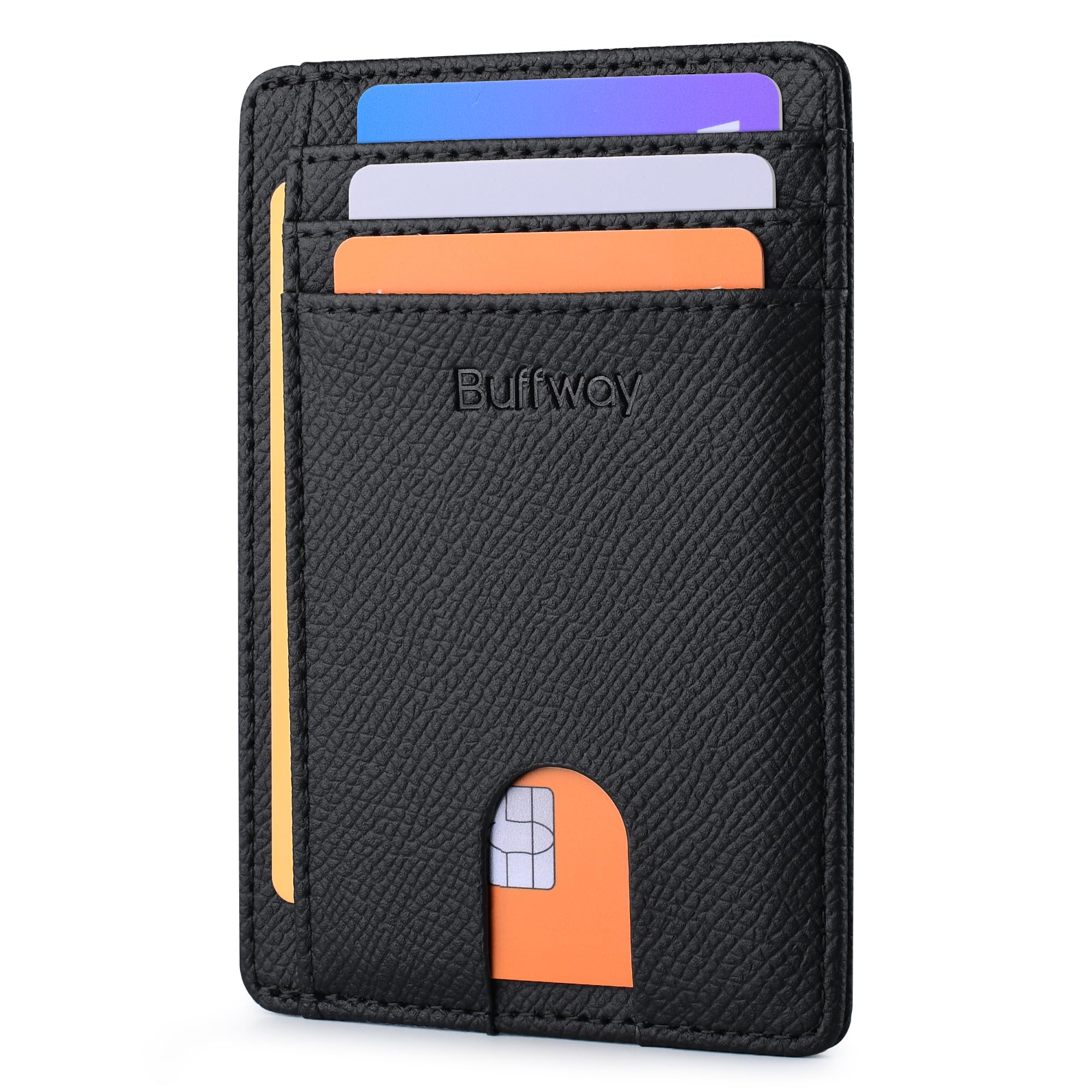 Slim Minimalist Front Pocket RFID Blocking Leather Wallets for Men and Women - Carbon Fiber Black