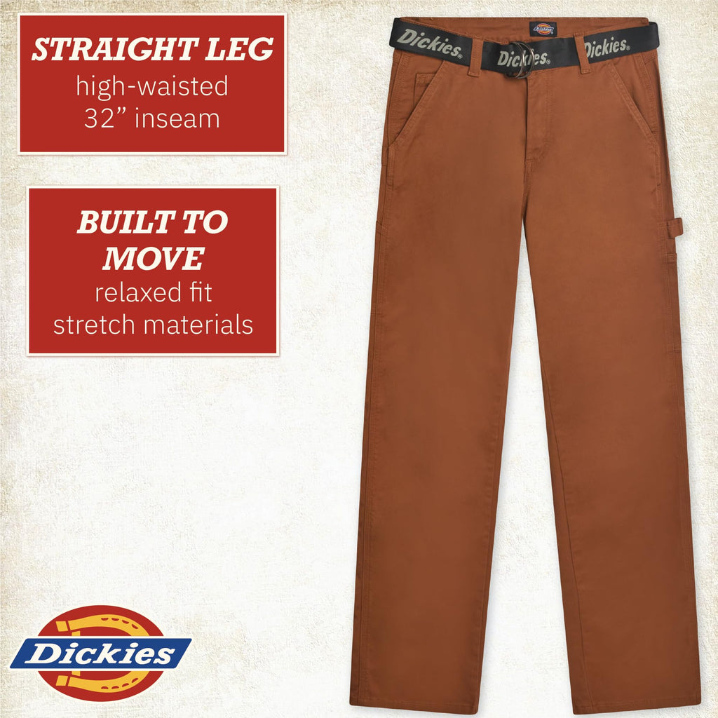 Dickies Womens Work Pants with Belt - Relaxed Fit Straight Leg High Waisted Carpenter Pants for Women with Utility Pockets