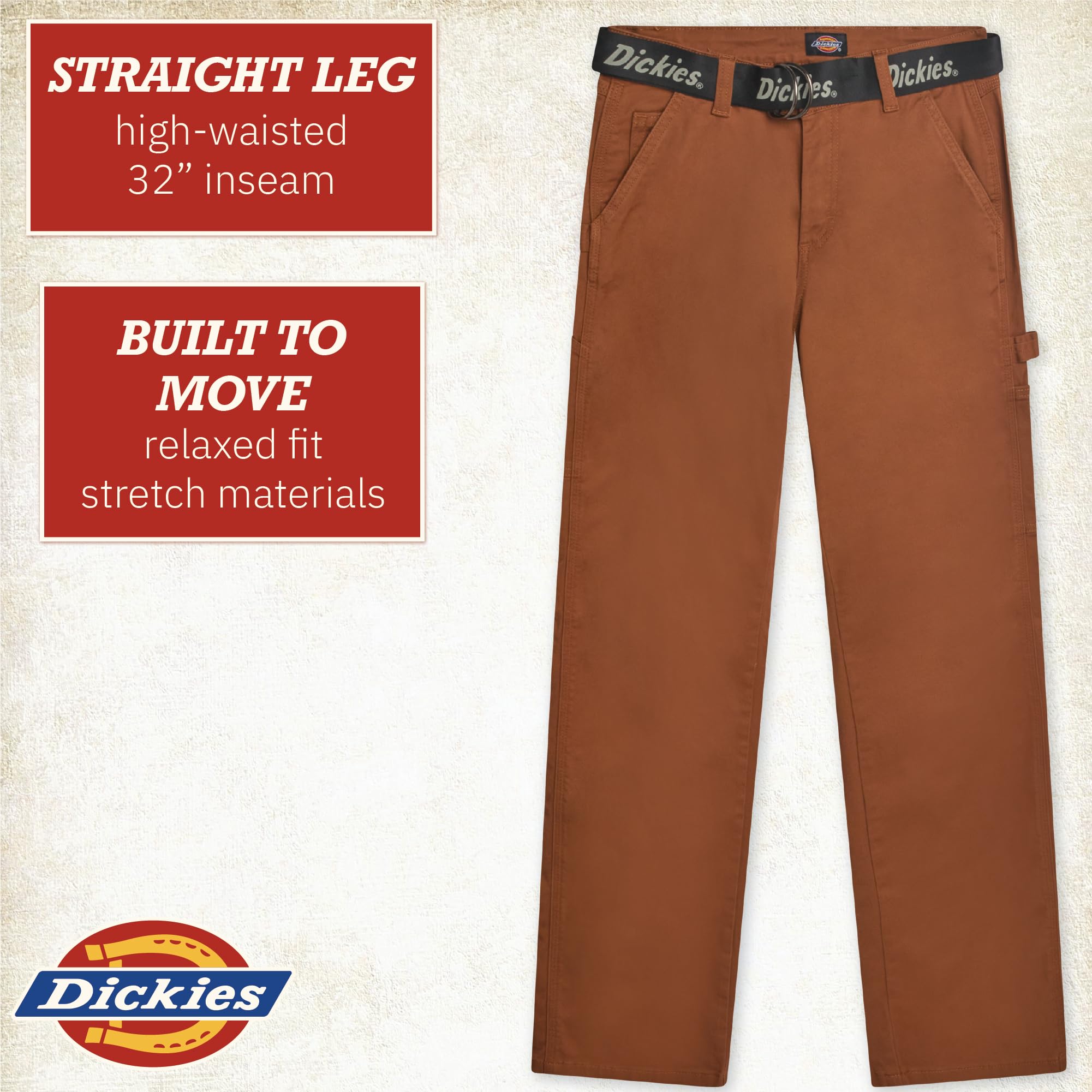 Dickies Womens Work Pants with Belt - Relaxed Fit Straight Leg High Waisted Carpenter Pants for Women with Utility Pockets