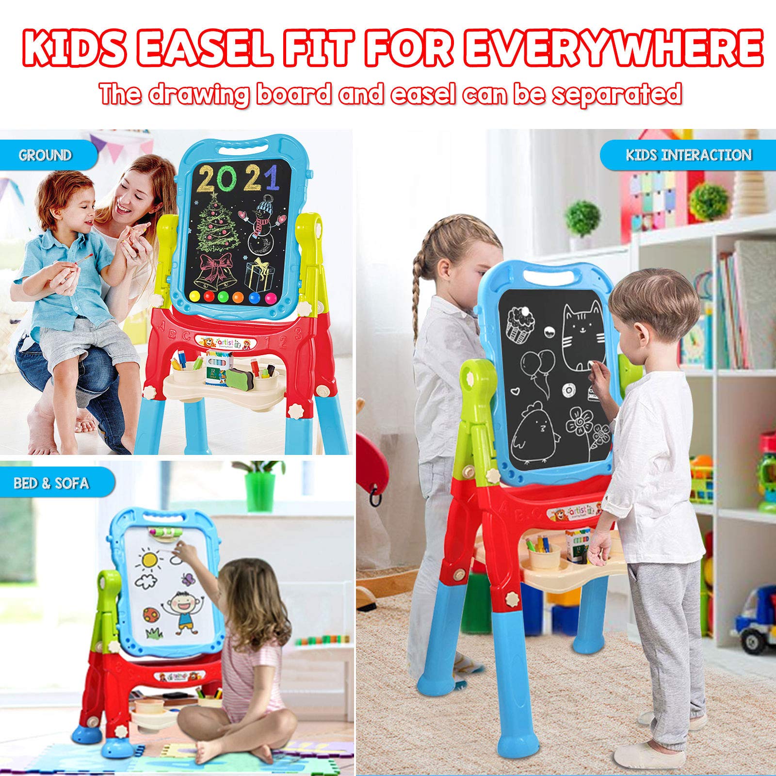 Mojitodon Art Easel for Kids, Adjustable Standing Rotatable Double Sided Easel with Painting Accessories for Toddlers Boys and Girls-Pink