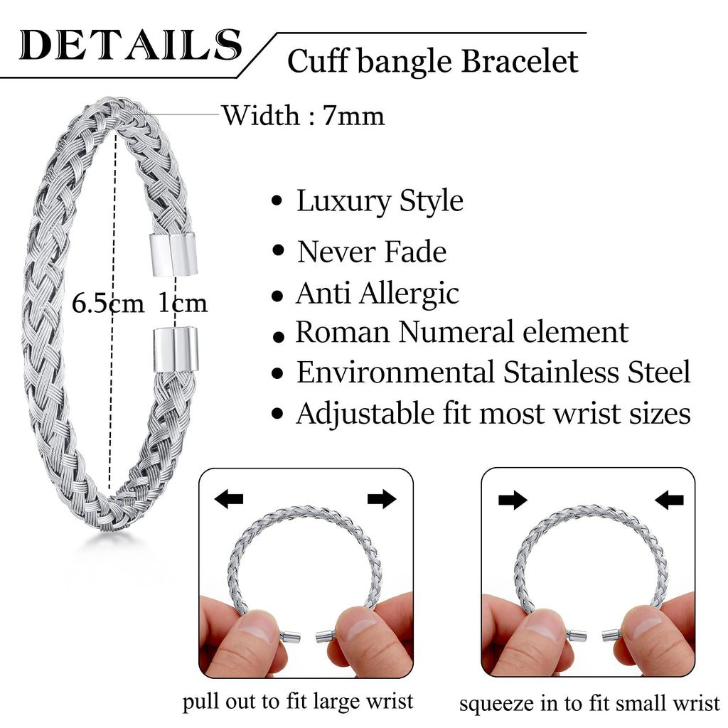 3PCS Stainless Steel Bracelets for Men Gold Roman Numeral Bangle Bracelet Twisted Cable Bracelet Adjustable Cuff Bracelet Mens Luxury Jewelry Bracelets Gifts
