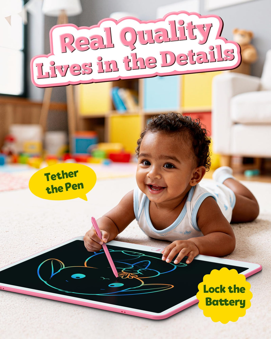Bravokids 10 Inch LCD Writing Tablet for 3-8 Year Olds - Electronic Drawing Pad and Doodle Board as Educational Birthday Gifts for Girls and Boys (Pink)