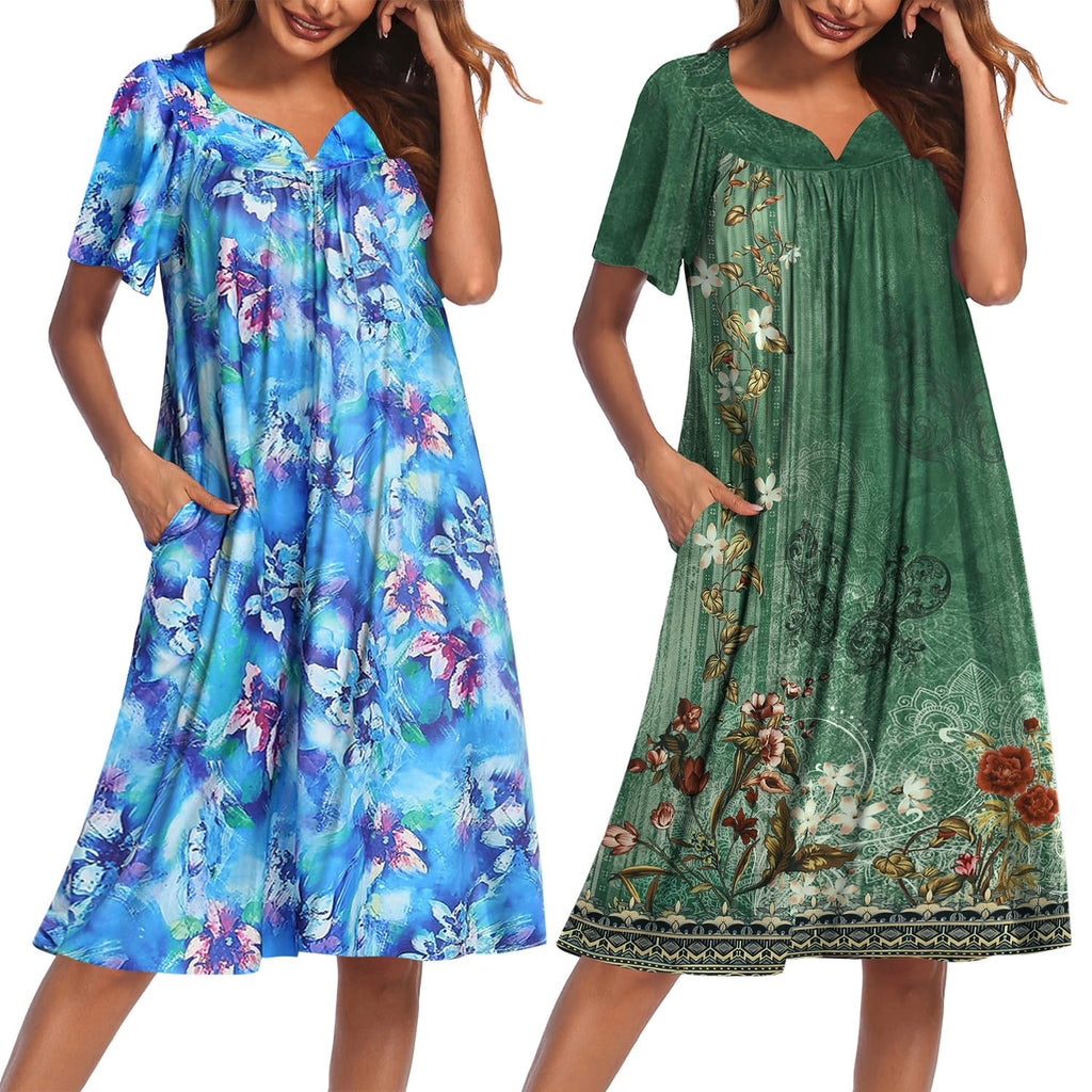 2 Pack House Dresses for Women with Pockets Short Sleeve Moo Moos Floral Print Mumu Dresses