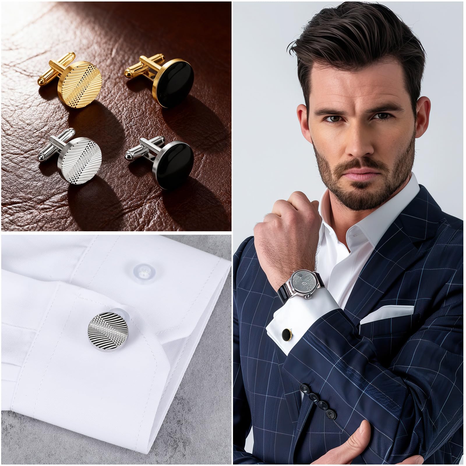 4 Pairs Cufflinks for Men Classic Tone Cuff Links Fashion Men Cufflinks Gold/Sliver Striped Disc Square Rectangle Cuff Links for Business Wedding Party Gift Box