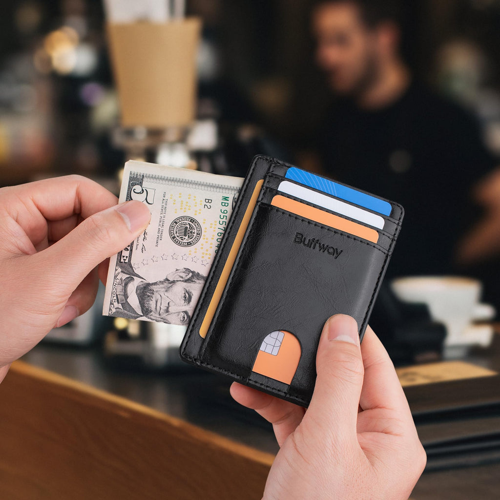 Slim Minimalist Front Pocket RFID Blocking Leather Wallets for Men and Women - Carbon Fiber Black