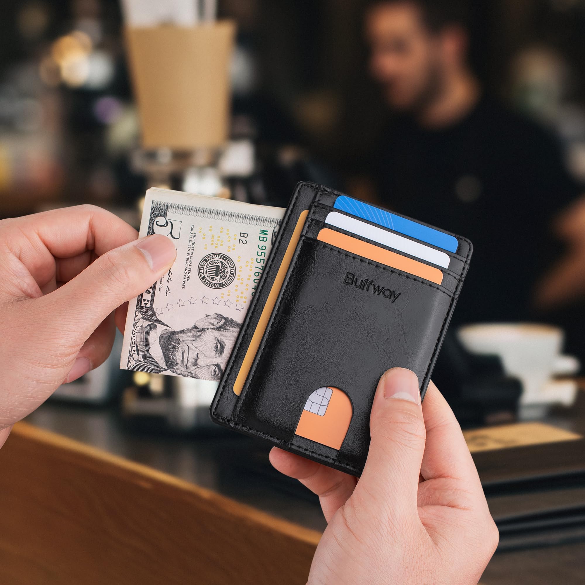 Slim Minimalist Front Pocket RFID Blocking Leather Wallets for Men and Women - Carbon Fiber Black